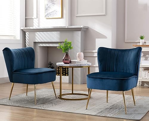 Miniatura 7 de Juego de 2 sillas decorativas de terciopelo azul con patas doradas, sillas laterales tapizadas modernas de mediados de siglo para habitación de