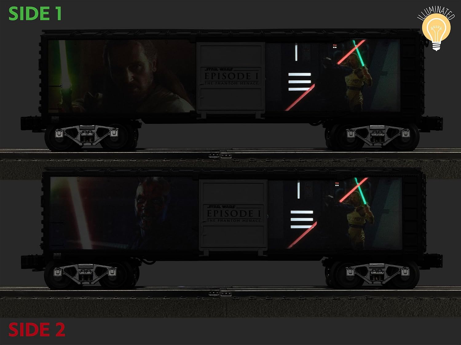 Lionel Star Wars Darth Maul VS. Qui-Gon Jin Lightsaber Series O Gauge Boxcar – Illuminated Model Train Car with Diecast Trucks, and Operating Couplers, Ages 14+