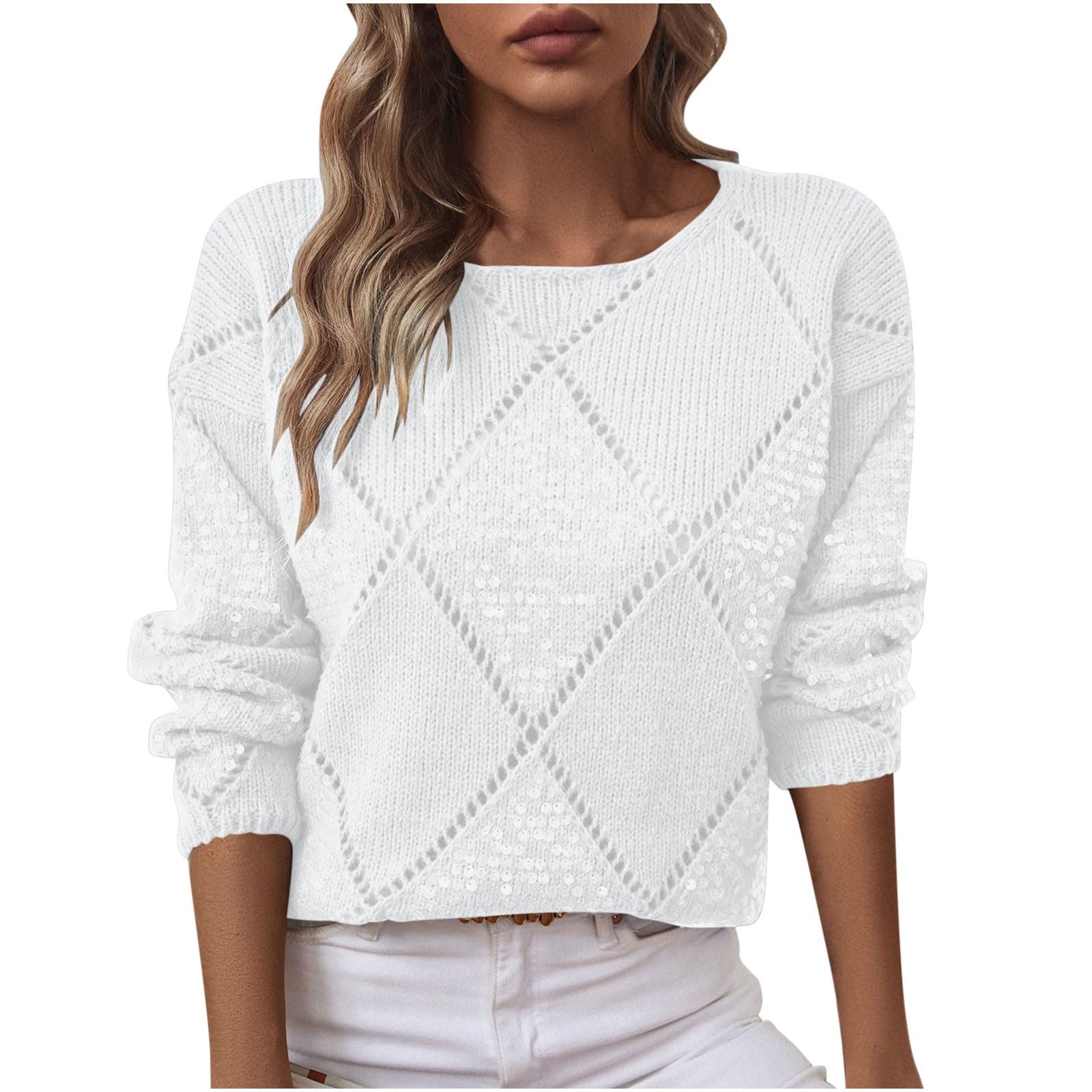 Knitting Cotton Pullover Sweaters for Women Sequin Shiny Fashion Knit Fall Sweaters Casual Crew Neck Streetwear