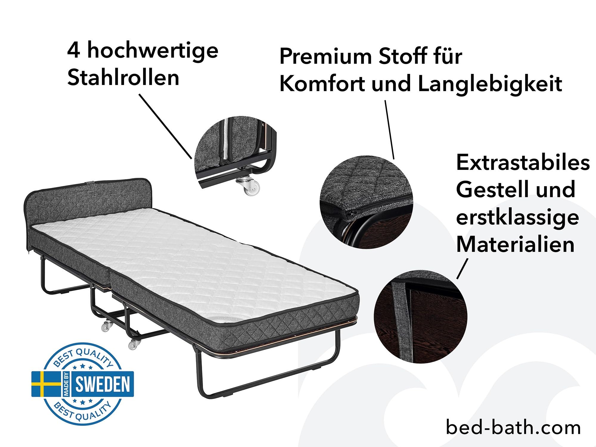 Edward Bed & Bath klappbares Gästebett mit Rollen, 90x200 cm, 14 cm Federkernmatratze (mittelfest), platzsparend, stabil und belastbar, Klappbett, grau anthrazit