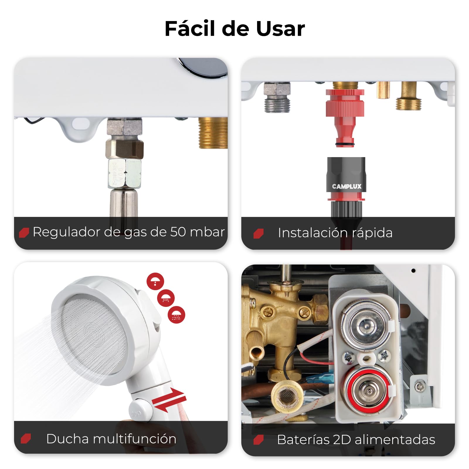 Camplux BW158C Calentador de agua instantáneo de gas con cubierta de lluvia, Tankless LPG Calentador de agua portátil 6 l, 12 kW, 50 mbar, para camping, ducha de caballos