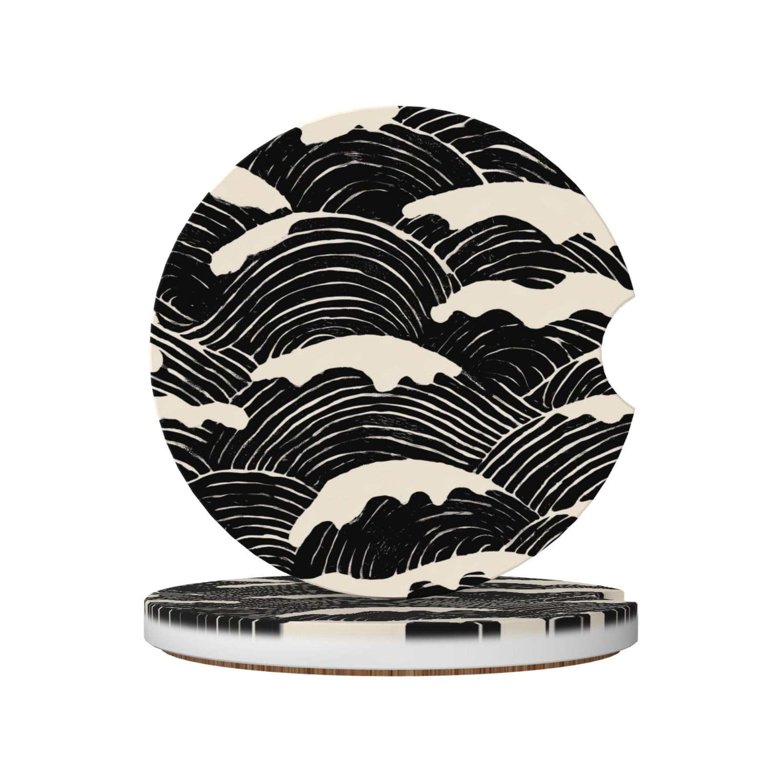 Sea Waves Black White Japanese Linocut Ceramic Coasters,2pcs