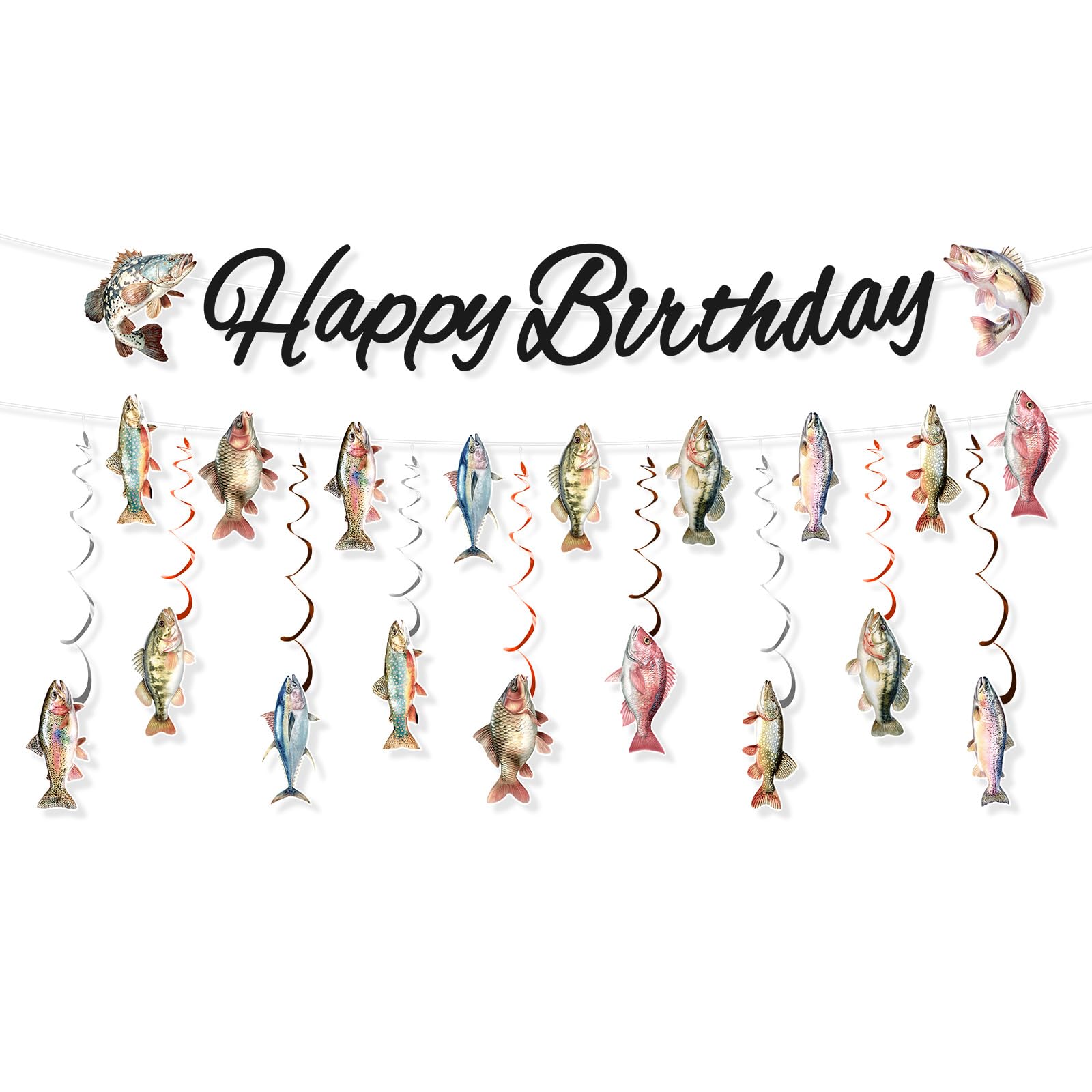 2pcs Fishing Happy Birthday Banners, Happy Birthday Fishing Themed Party Banner Fish Bunting Decor Decoration with 9 Hanging Swirl Suitable for Kids Boys Men Fisherman