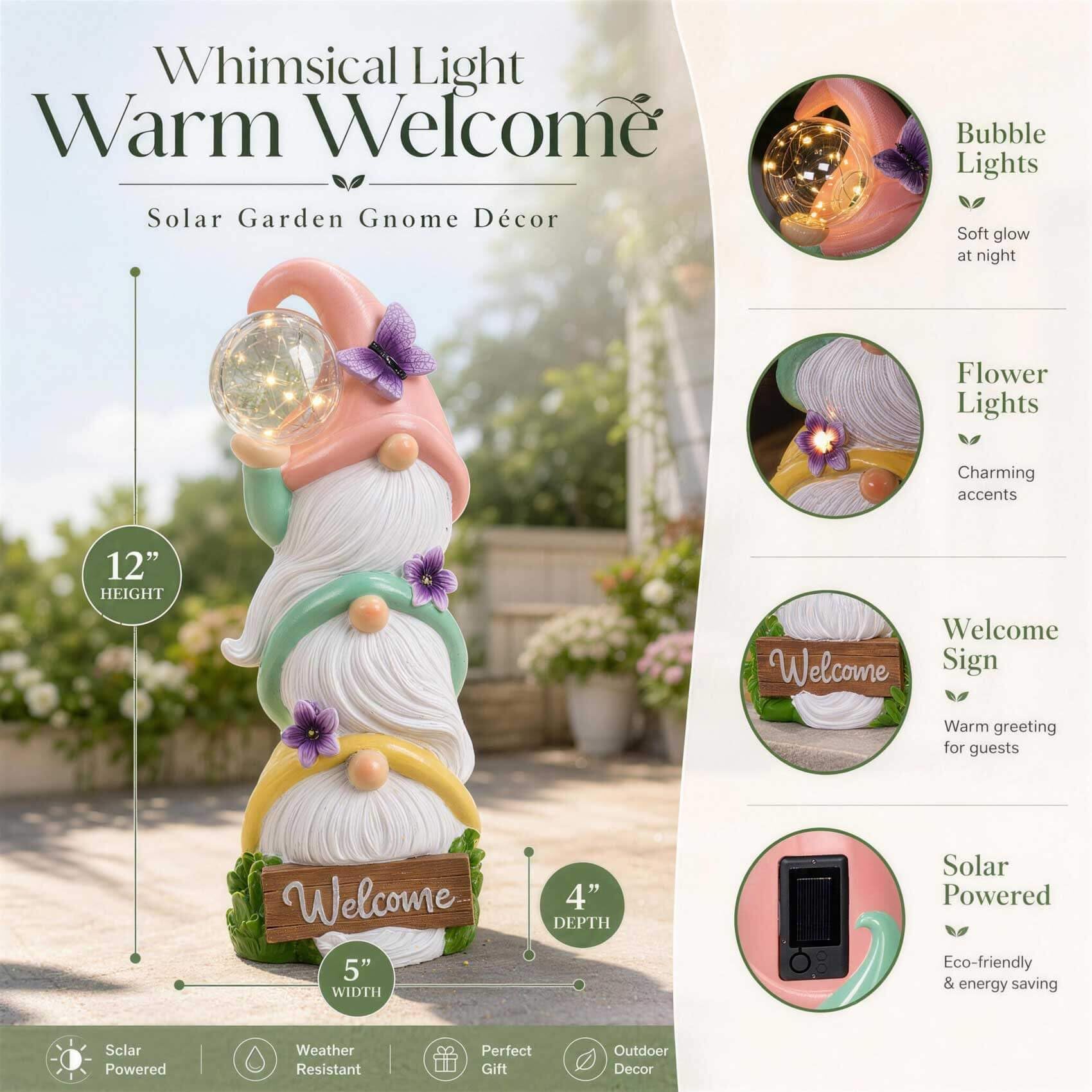 Statue di gnomi da giardino con luci solari, impermeabili per esterni, 3 gnomi primaverili impilati, sculture regalo di compleanno per donne, nonna, 30 cm, cartello di benvenuto