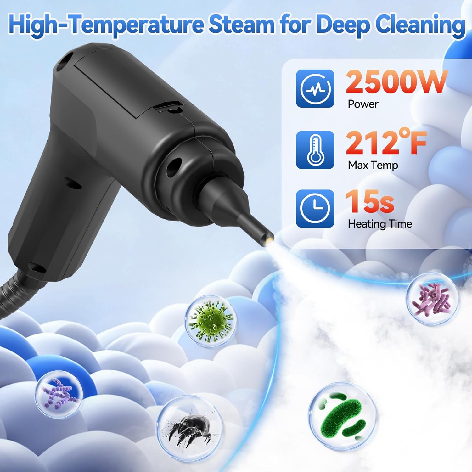 Steam Cleaner,2500W High-Pressure Steamer for Cleaning, 15s Fast Heat-Up&1.4L Large Tank,3-Level Adjustable Handle with 14 Accessories,Portable Steam Cleaner for Home,Car,Furniture,Bathroom - Image 3