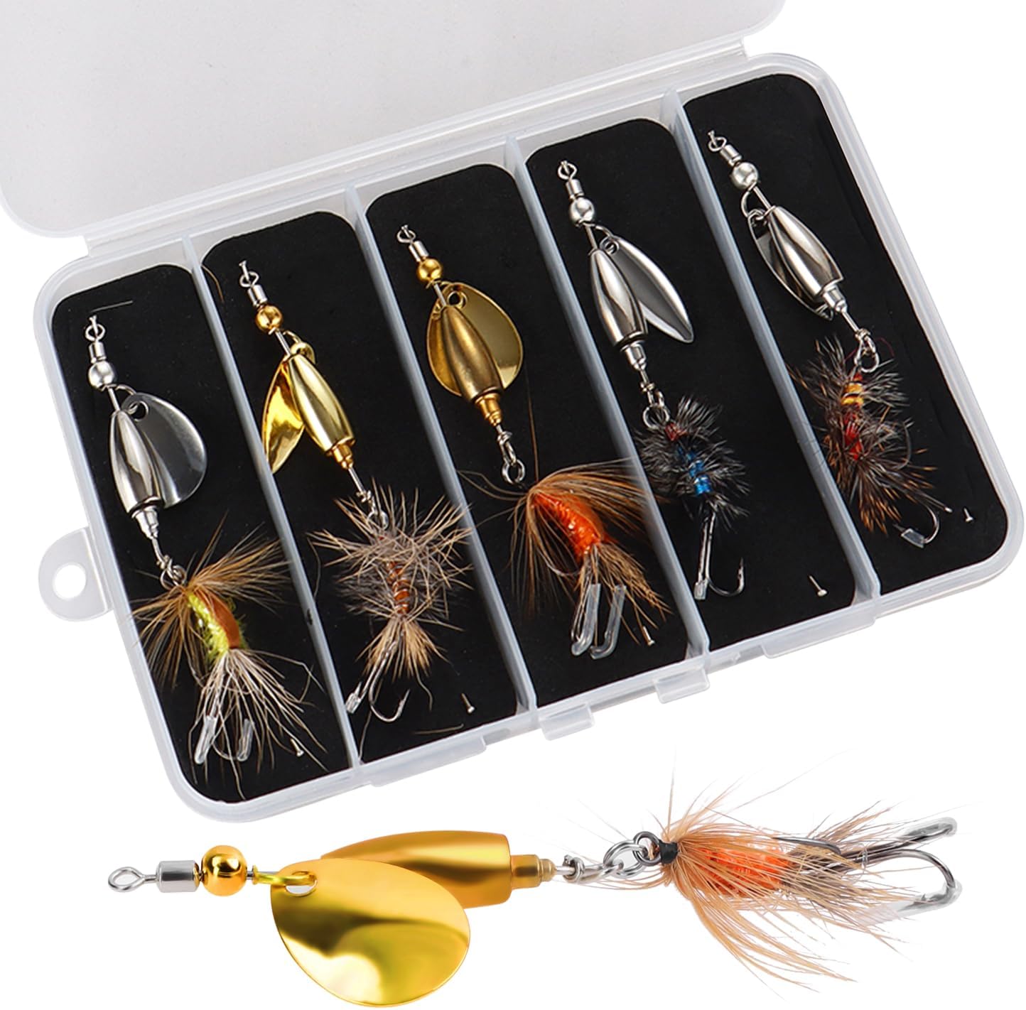 Trout Spinner Lures with Stimulator/Humpy Dry Fly Tail, Brass Hard Metal Hand-Tied Rooster Bait Tail Fishing Spinnerbaits for Bass Pike Salmon Saltwater Freshwater Lake River