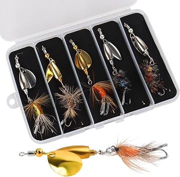 Trout Spinner Lures with Stimulator/Humpy Dry Fly Tail, Brass Hard Metal Hand-Tied Rooster Bait Tail Fishing Spinnerbaits for Bass Pike Salmon Saltwater Freshwater Lake River