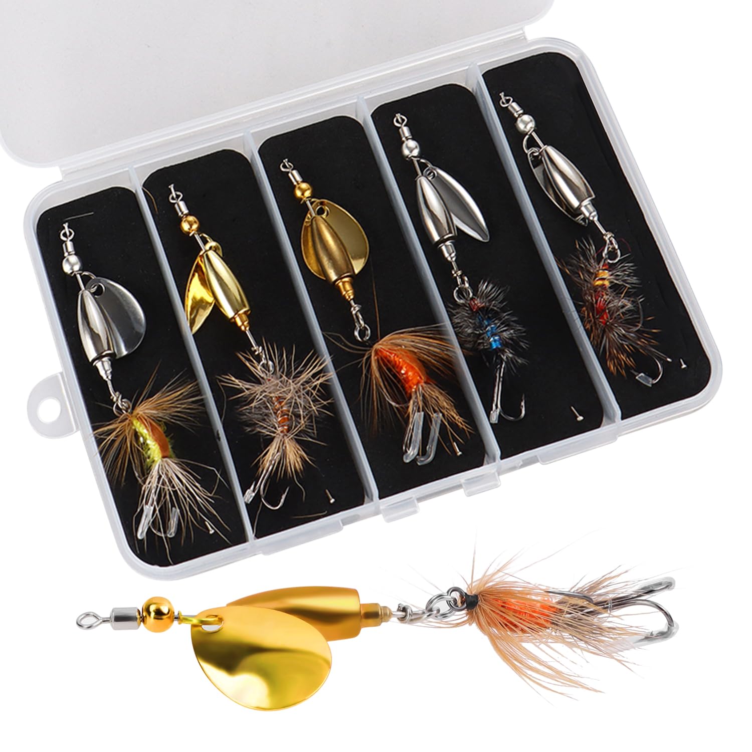 Trout Spinner Lures with Stimulator/Humpy Dry Fly Tail, Brass Hard Metal Hand-Tied Rooster Bait Tail Fishing Spinnerbaits for Bass Pike Salmon Saltwater Freshwater Lake River
