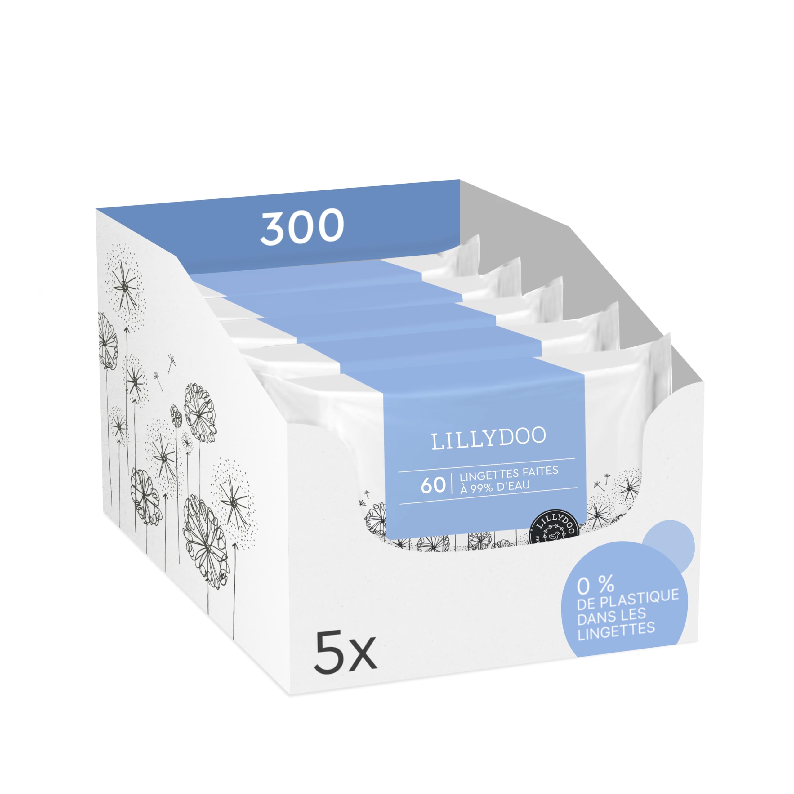 Lingettes LILLYDOO pour bébé faites à 99% d'eau, Lot de 5 x 60 (300 pièces), tissu 100% sans plastique, sans parfum et doux comme du coton et de l'eau
