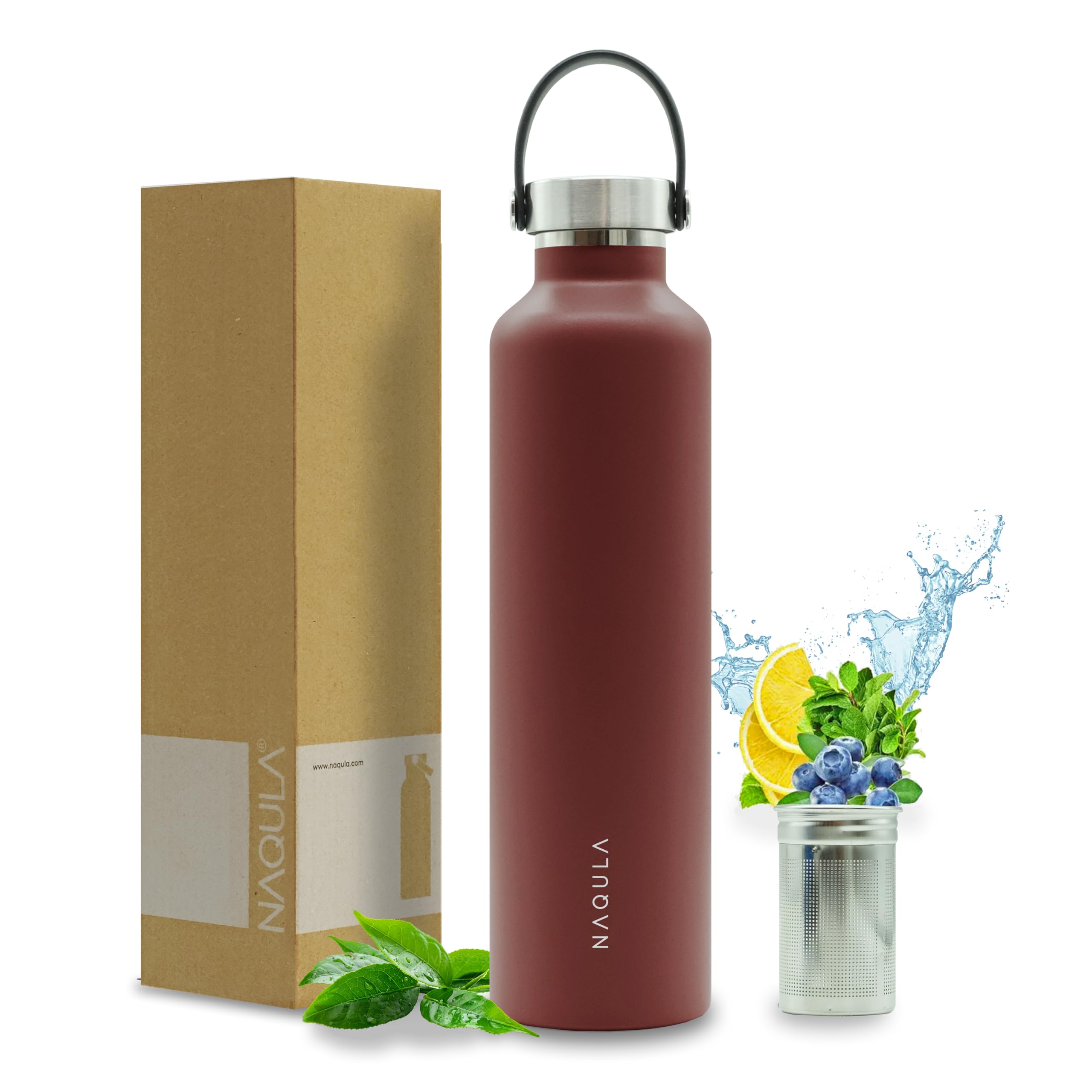 Thermos NAQULA con manico e filtro rimovibile per tè o frutta, borraccia in acciaio inox, a prova di perdite, adatta per bevande gassate, thermos caldo e freddo (rosso, 1000 ml)