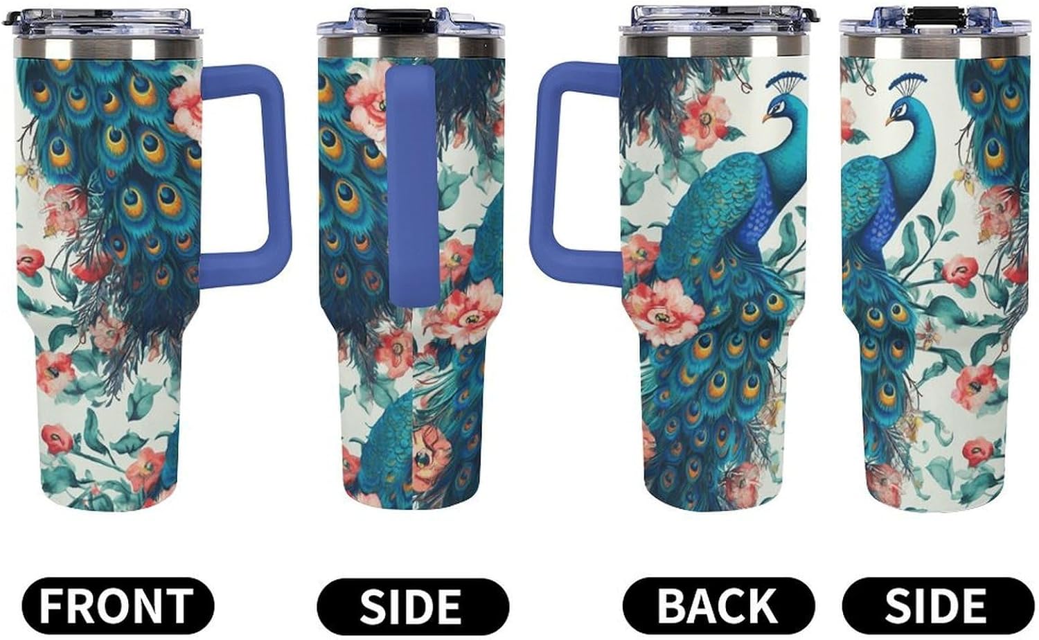 Beautiful Peacock Flowers Tumbler Stainless Steel Large Car Cup with Handle&Straw Lid Portable Coffee Cup Leak-proof Water Bottle Insulated Vacuum Travel Mug for Home Outdoor 40oz