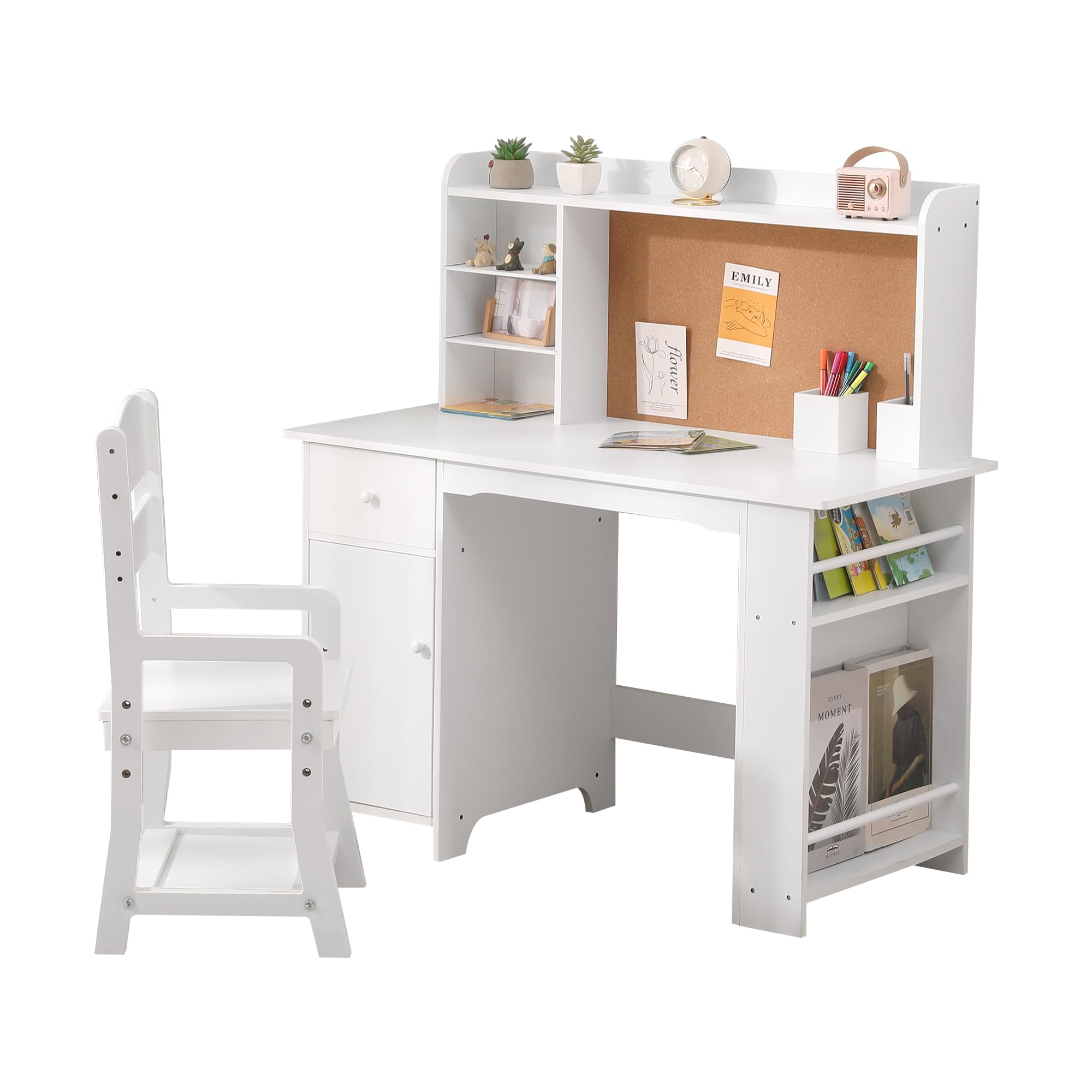 White Study Desk And Chair Set With Bookshelf Bulletin Board