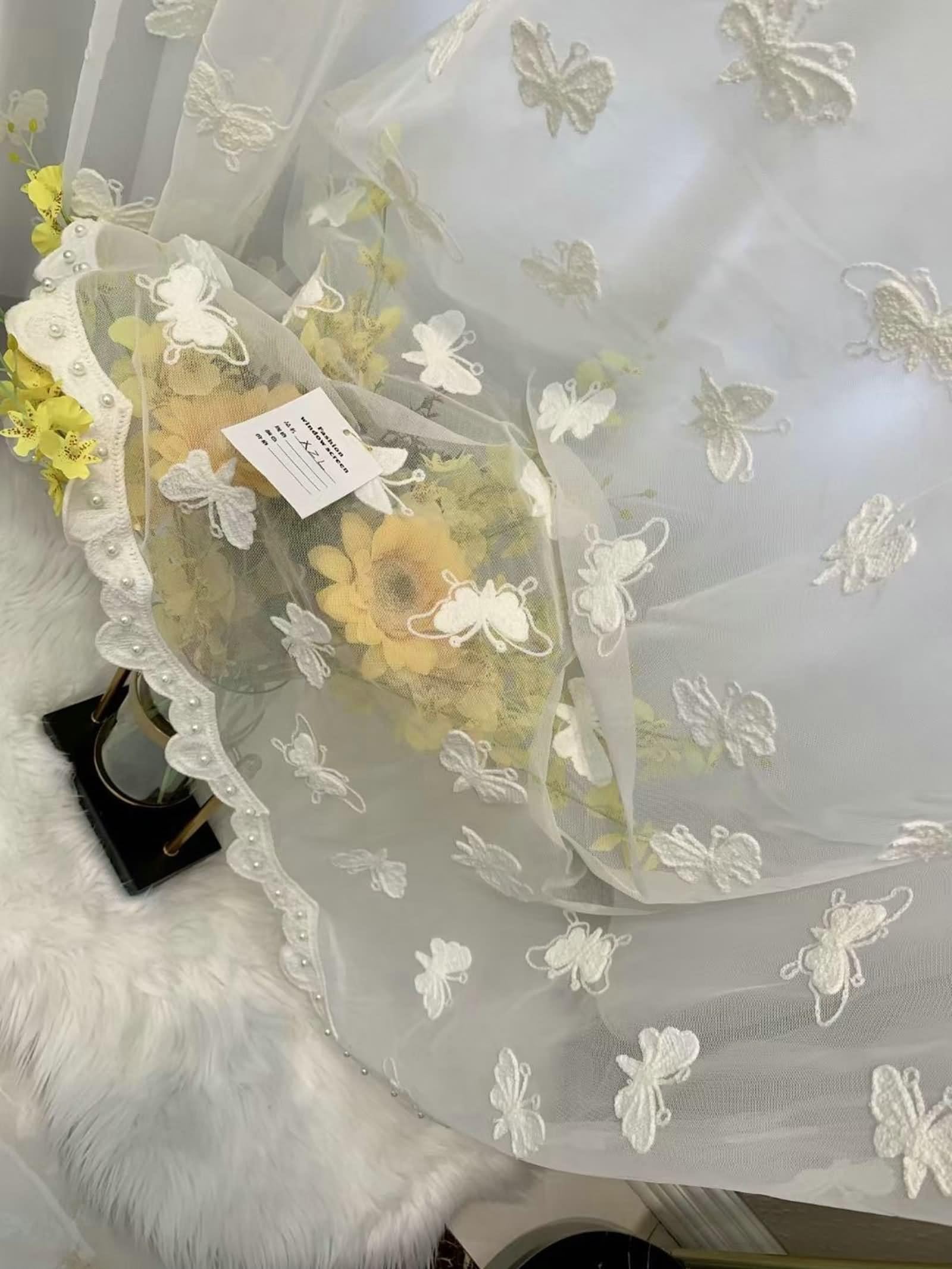 Rideau Cuisine Extérieure, Voilage Blanc Salon Papillon Brodé Mélange Polyester-Coton Lot de 2 132W x 229L cm