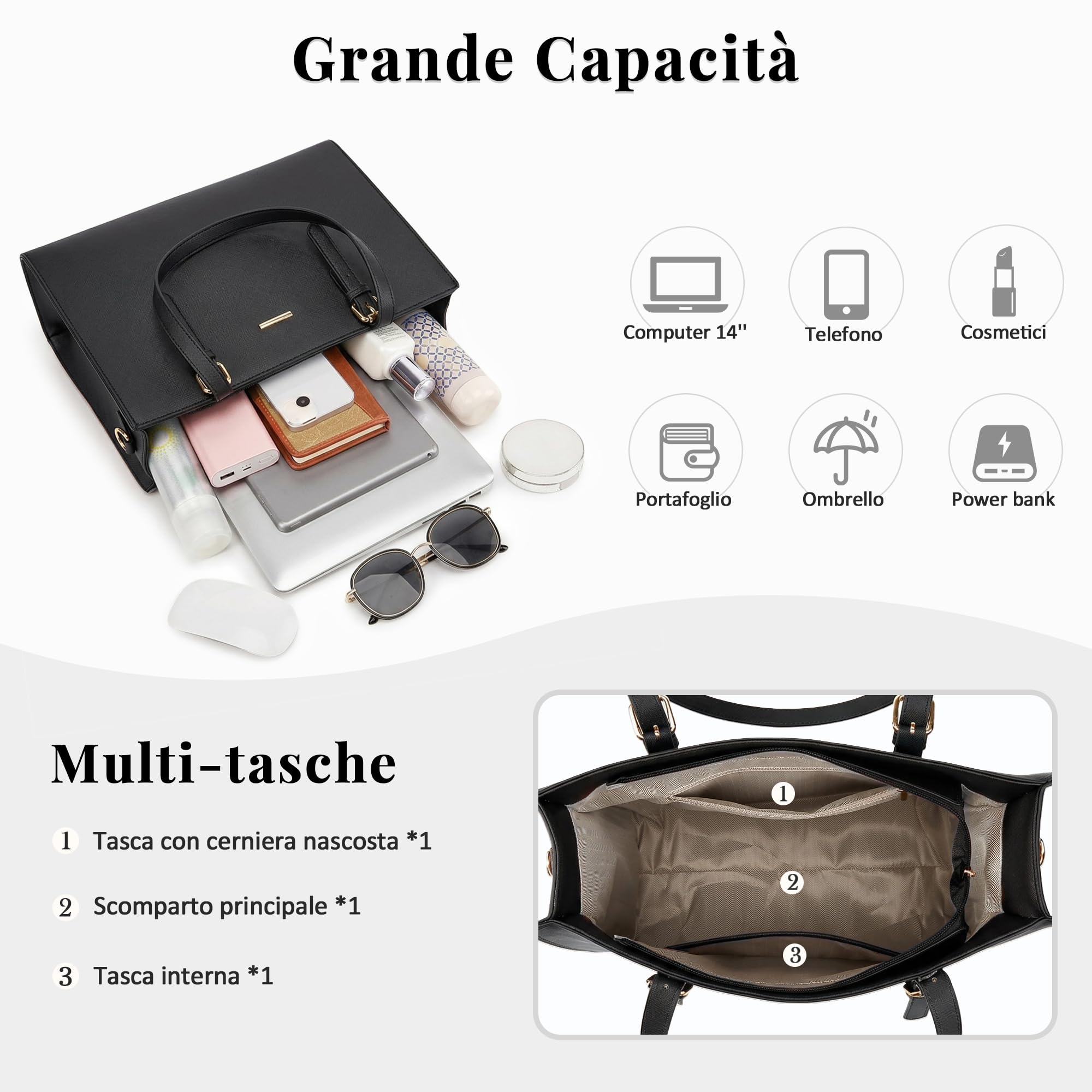 Elegante Borsa a Mano Donna Set 4 Pezzi Antifurto Borsa a tracolla Borsa Pochette Portacarte Borsa Manico Superiore Moda per Vacanze Lavoro Viaggio Festa Impermeabile PU Pelle Nero