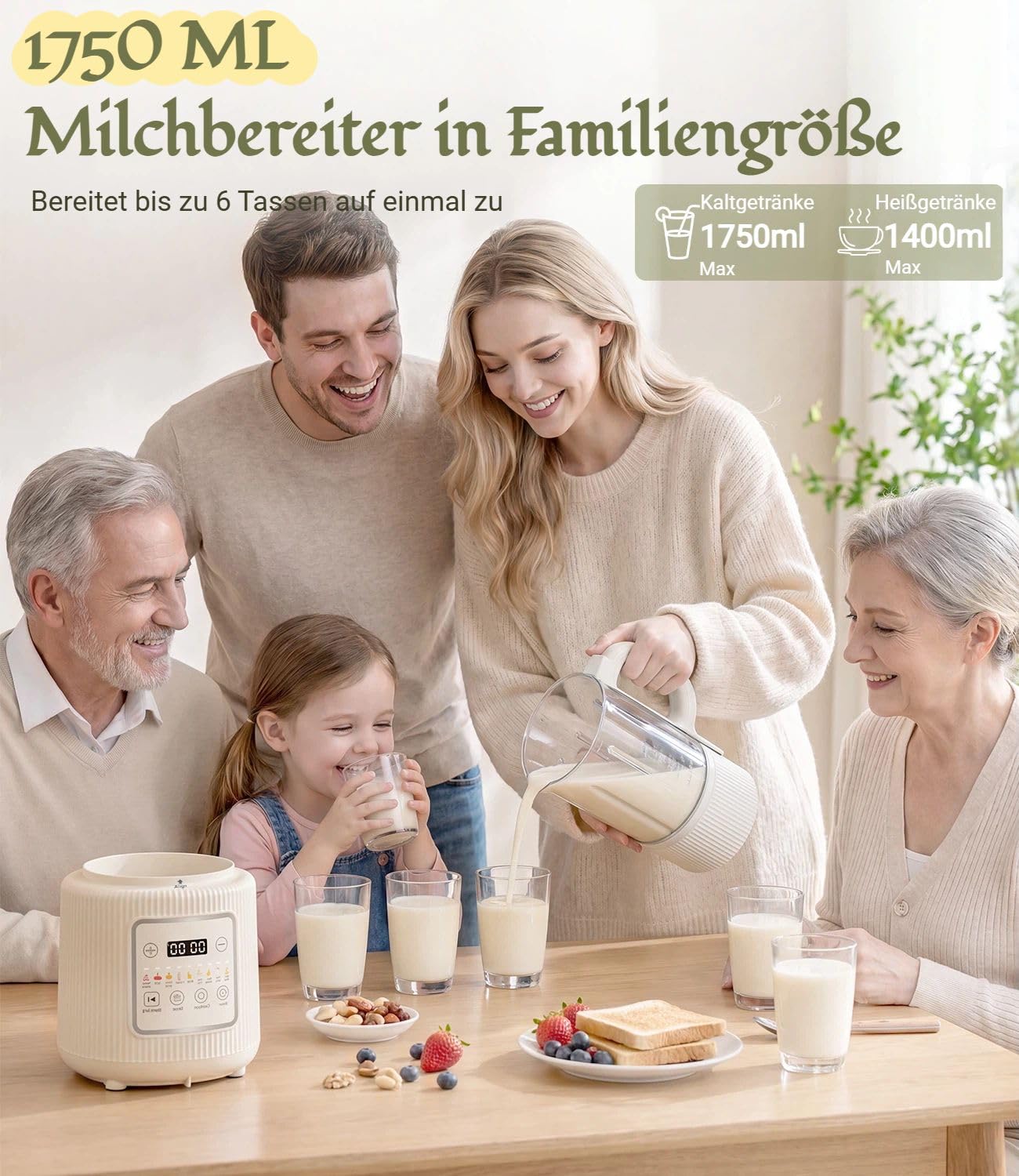 Nussmilch Maschine 11-in-1, 1,75L Automatisch Sojamilchbereiter, Für Selbstgemachte Pflanzenmilch, Hafer, Soja, Milchshake, 24H-Timer, 6H-Warmhaltefunktion, Automatische Reinigung