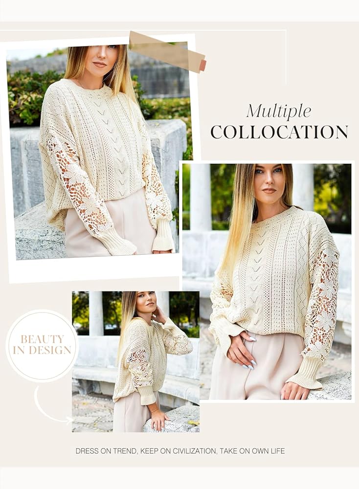 Dokotoo Fashion Sweaters for Women Round Neck Crochet Lace Long