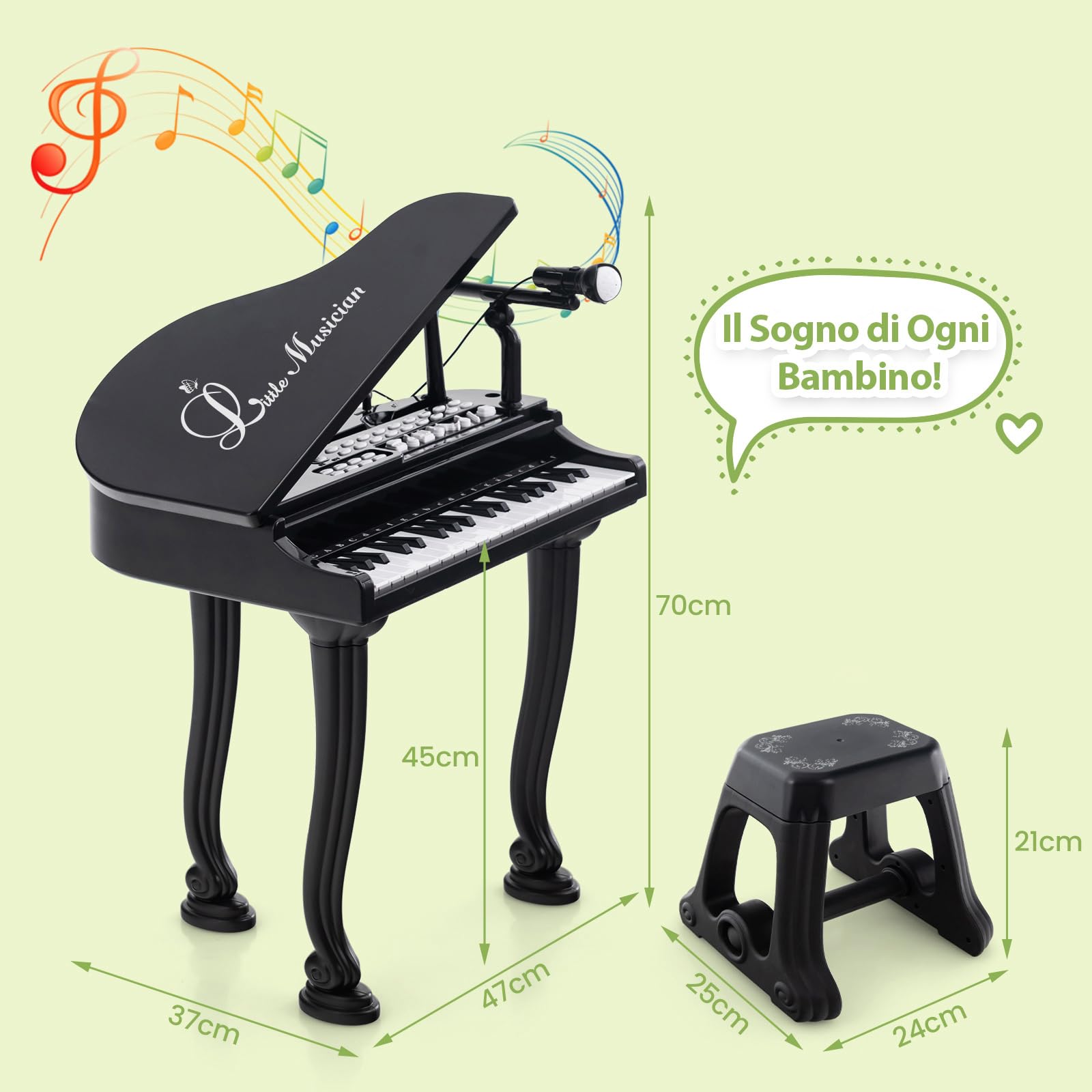 COSTWAY Pianoforte per Bambini a 37 Tasti, Set Pianoforte con Microfono Regolabile, Giocattolo Musicale Bambini, con Funzione di Registrazione e Riproduzione, per Ragazzi 3+ Anni (Nero)