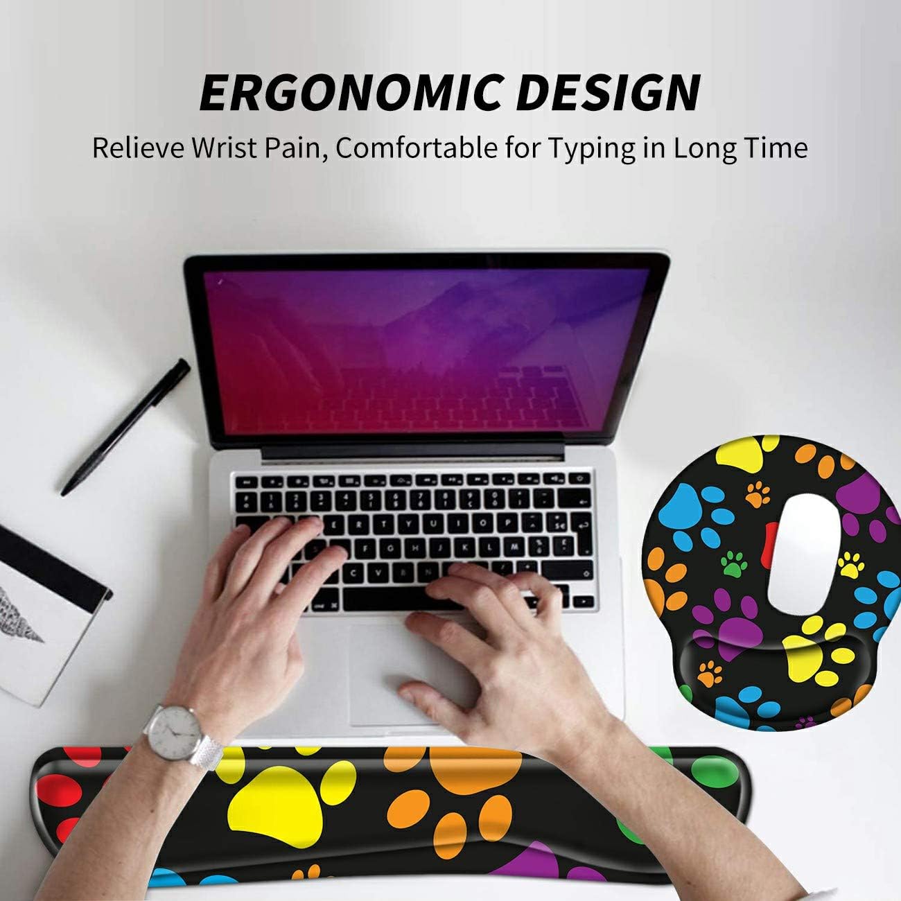 Wrist Rest for Computer Keyboard and Mouse Pad with Wrist Support Gel, Cute Dog Paw Ergonomic Mousepad Comfortable Keyboard Pad Set Non-Slip Base Come with A Cute Coaster