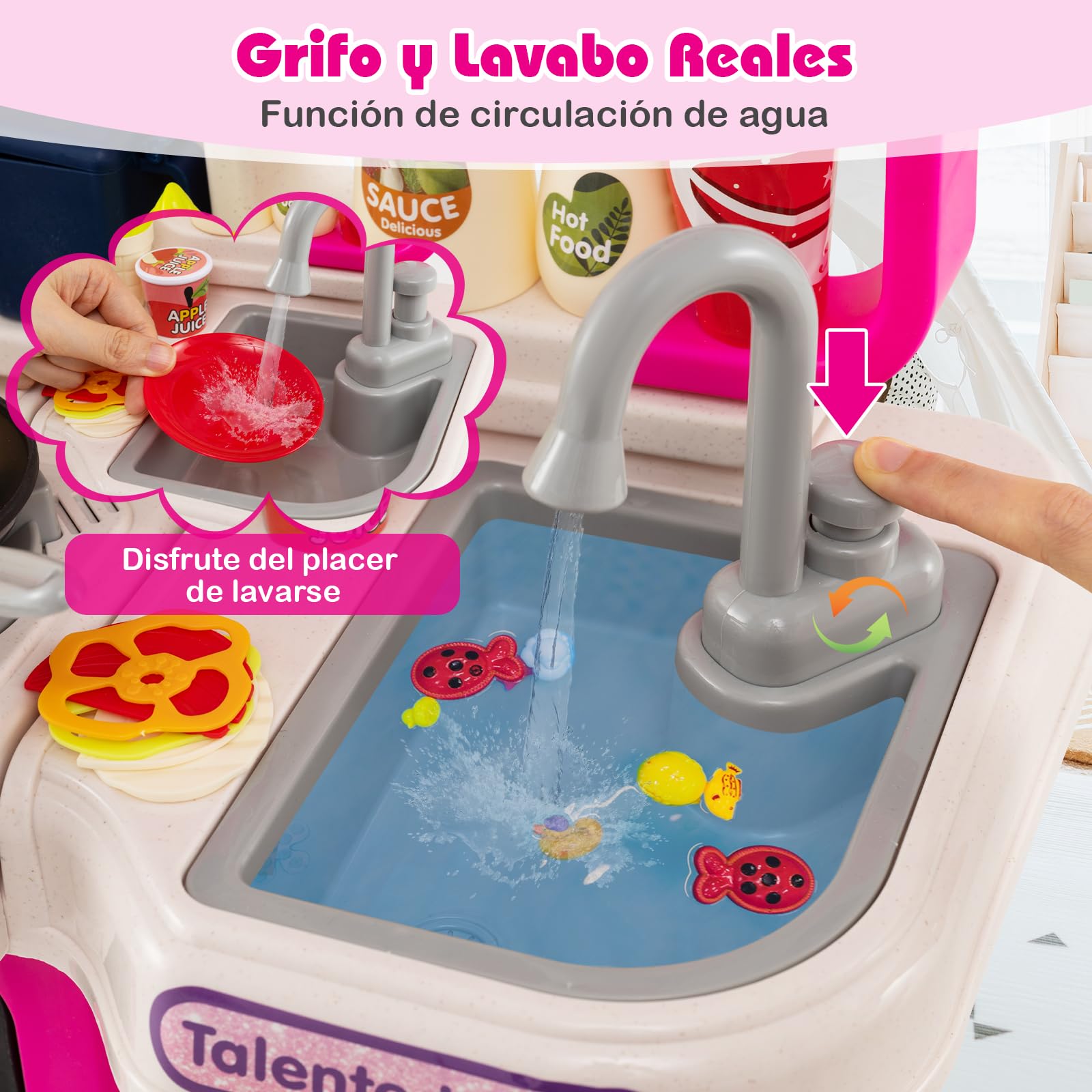 GOPLUS Cocina de Juguete para Niños, Cocinita Infantil con Fogones, Frigorífico, Microondas, Fregadero, Grifo, Vapor, Sonido y Luz, Juego de rol con 54 Accesorios para Niños de 3+ Años (Rosa)