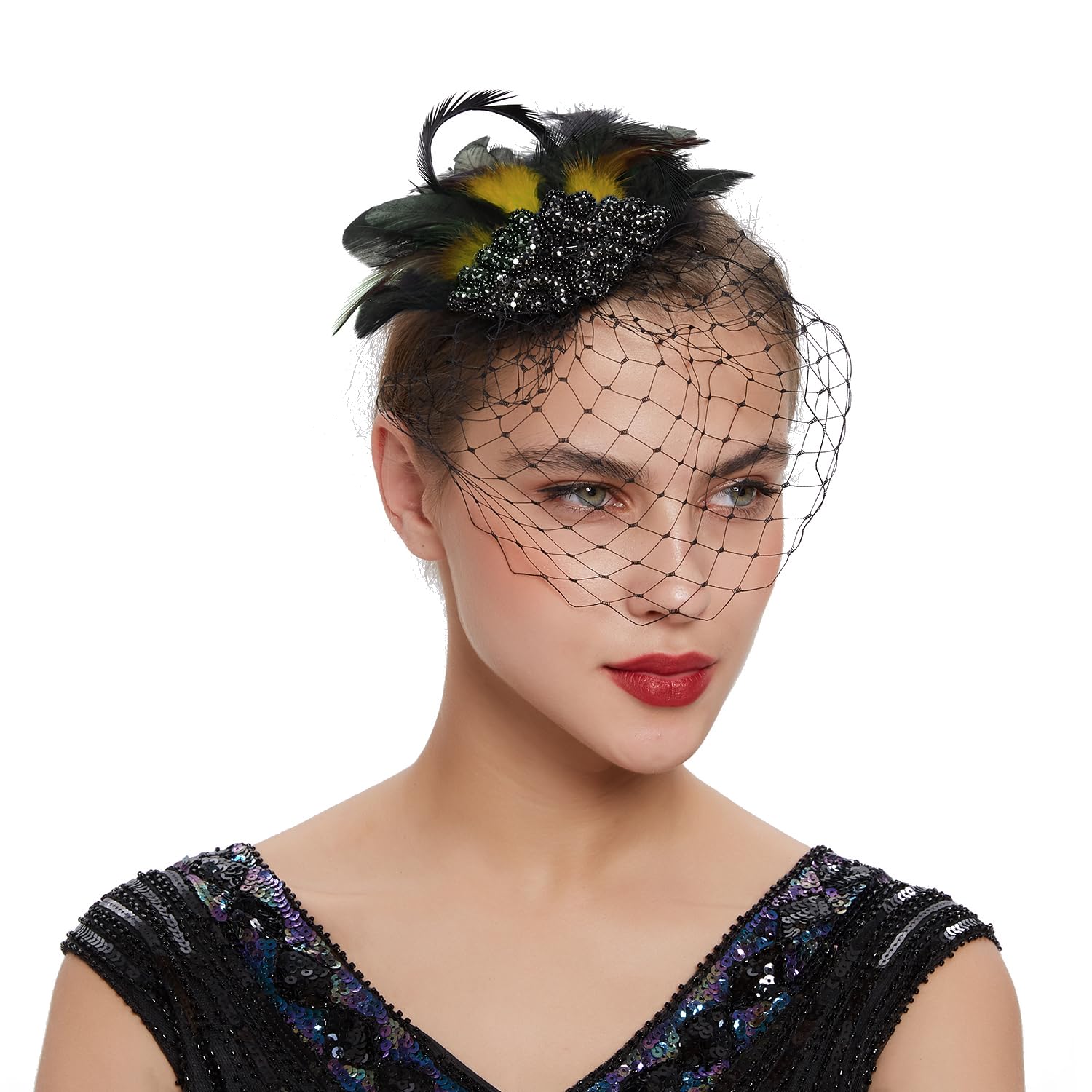 LATIMOON 1920s Flapper Headband Roaring 20s Great Gatsby Feather Headpiece with veil for women.