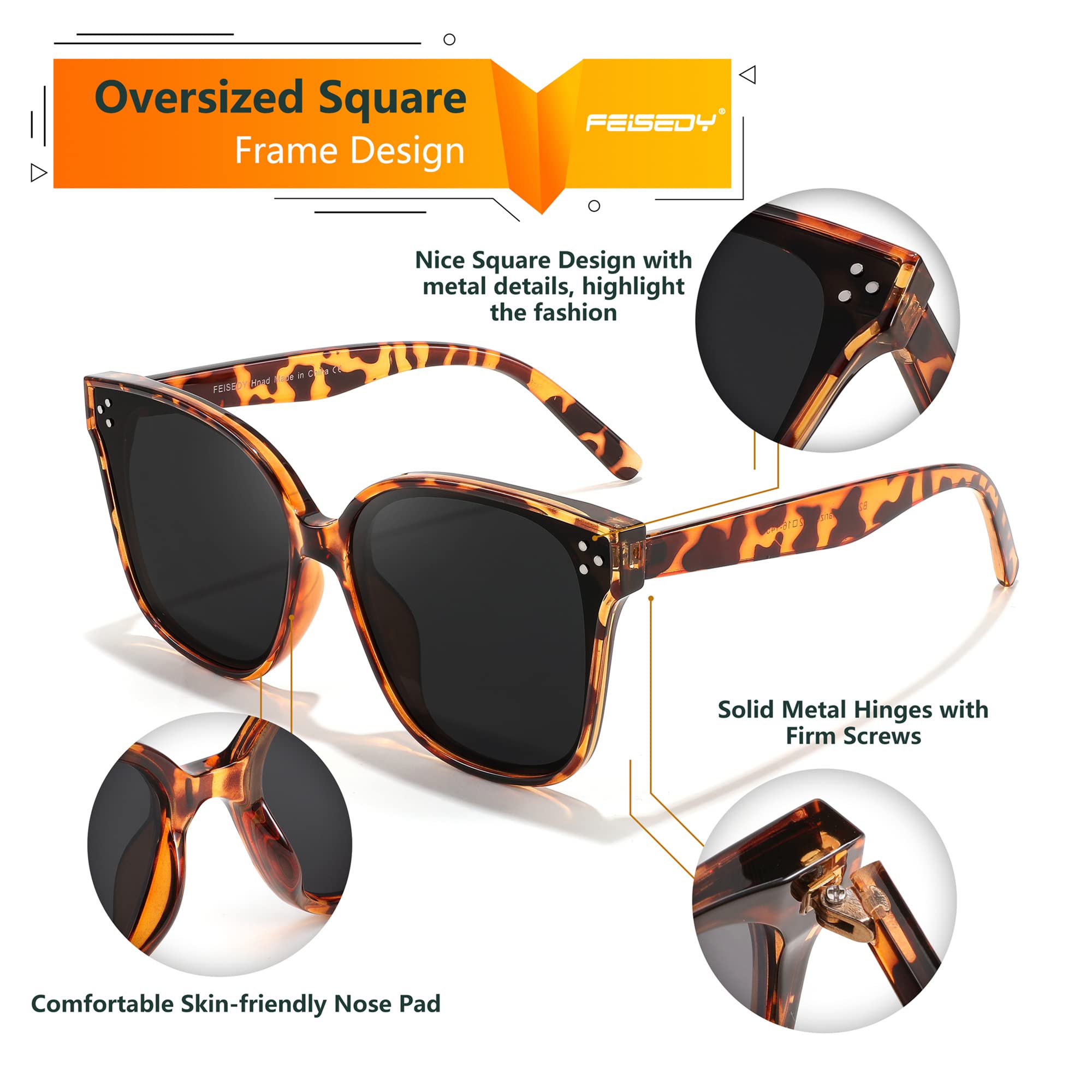 Anteojos de sol de estilo retro, cuadrados polarizados, para mujeres y hombres, aspecto vintage, de gran tamaño, B2600, negro 2