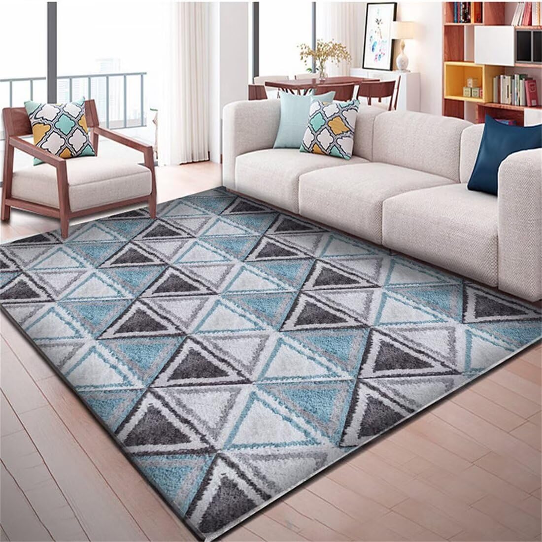 Dormitorios Matrimonio Alfombra Pie De Cama Alfombra Gris Azul triángulo diseño geométrico salón Alfombra fácil de cuidar para Alfombra Antiestatica 60X120CM