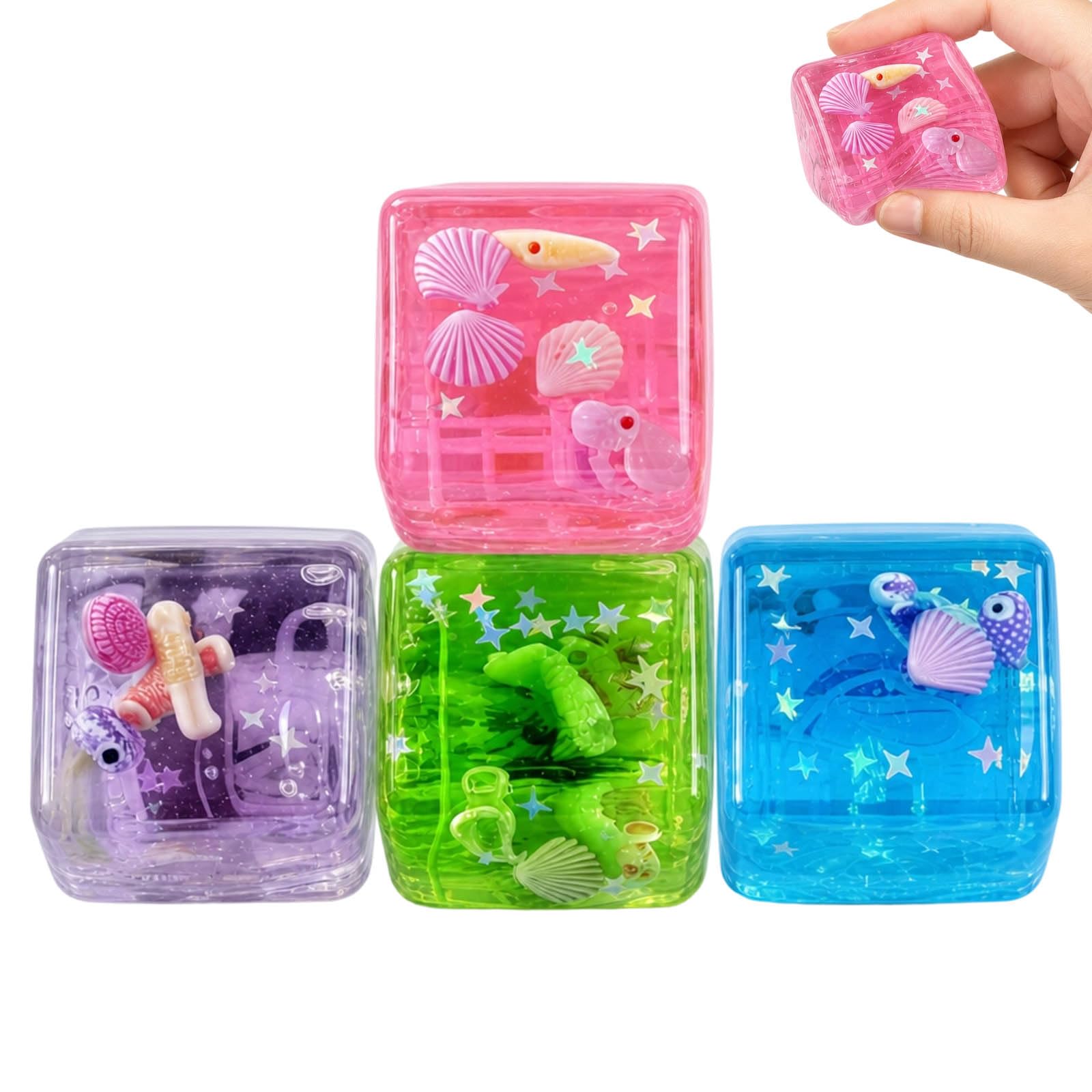 4Pcs Squishy Cube, Cube Squishy, Four Colour Ocean Blocks Set, Purple Blue Green Pink Squishy Cubes Pack of 4, Handheld Fidget Sensory Play, Stress Reduction Sensory Items