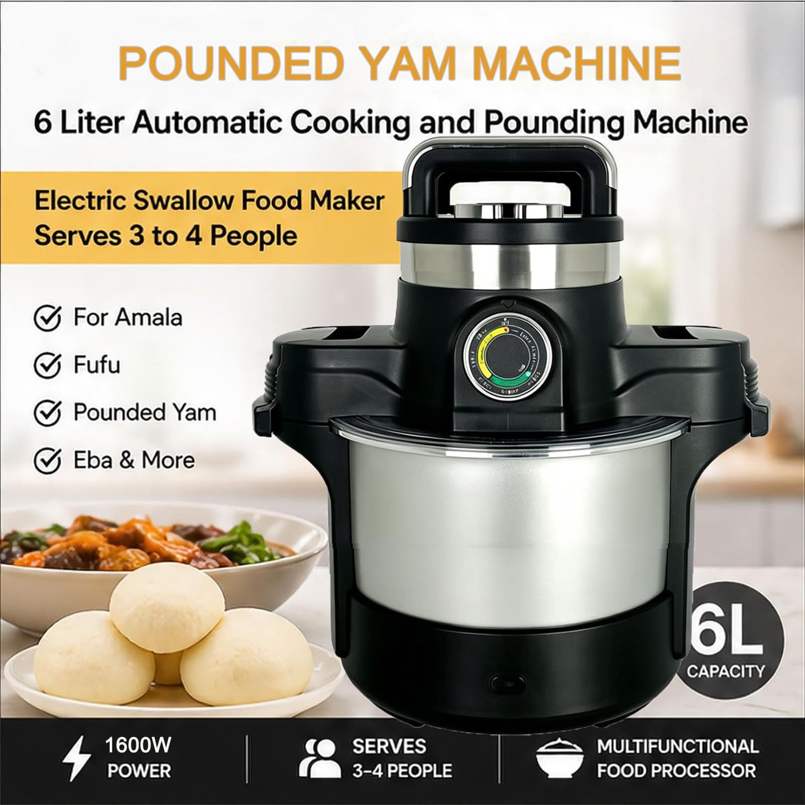 3-w-1 Maszyna Do Ugniatania Jam 6L, 1600W Swallow Maker Robot Kuchenny, Bezpieczna Konstrukcja I Łatwa Do Czyszczenia, Stalowy Ugniatacz Do Jamu Do Fufu, Amala, Banku, Dla 5-6 Osób