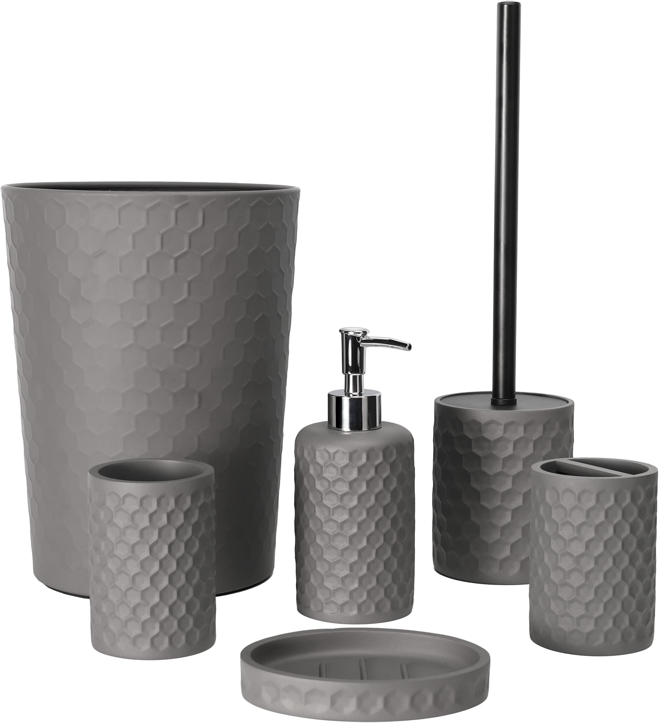 Bathroom Accessory Set, 6 Piece Grey Bathroom Accessories Set with Trash Can, Toothbrush Holder, Toothbrush Cup, Soap Dispenser, Soap Dish, Toilet Brush with Holder, Trash Can, Light Gray