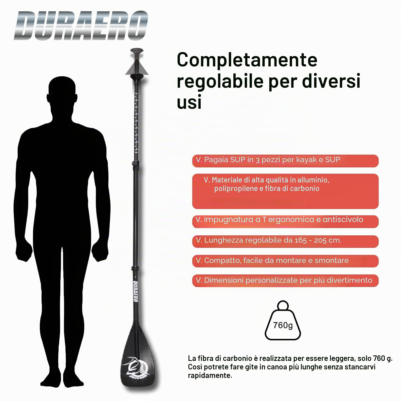Pagaia in Carbonio con Borsa - 3 Pezzi per SUP Kayak Stand Up Paddling Board Professionale Veloce - Leggera 760g Pagaia Regolabile Telescopica 165-205cm - Sistema Plug-In