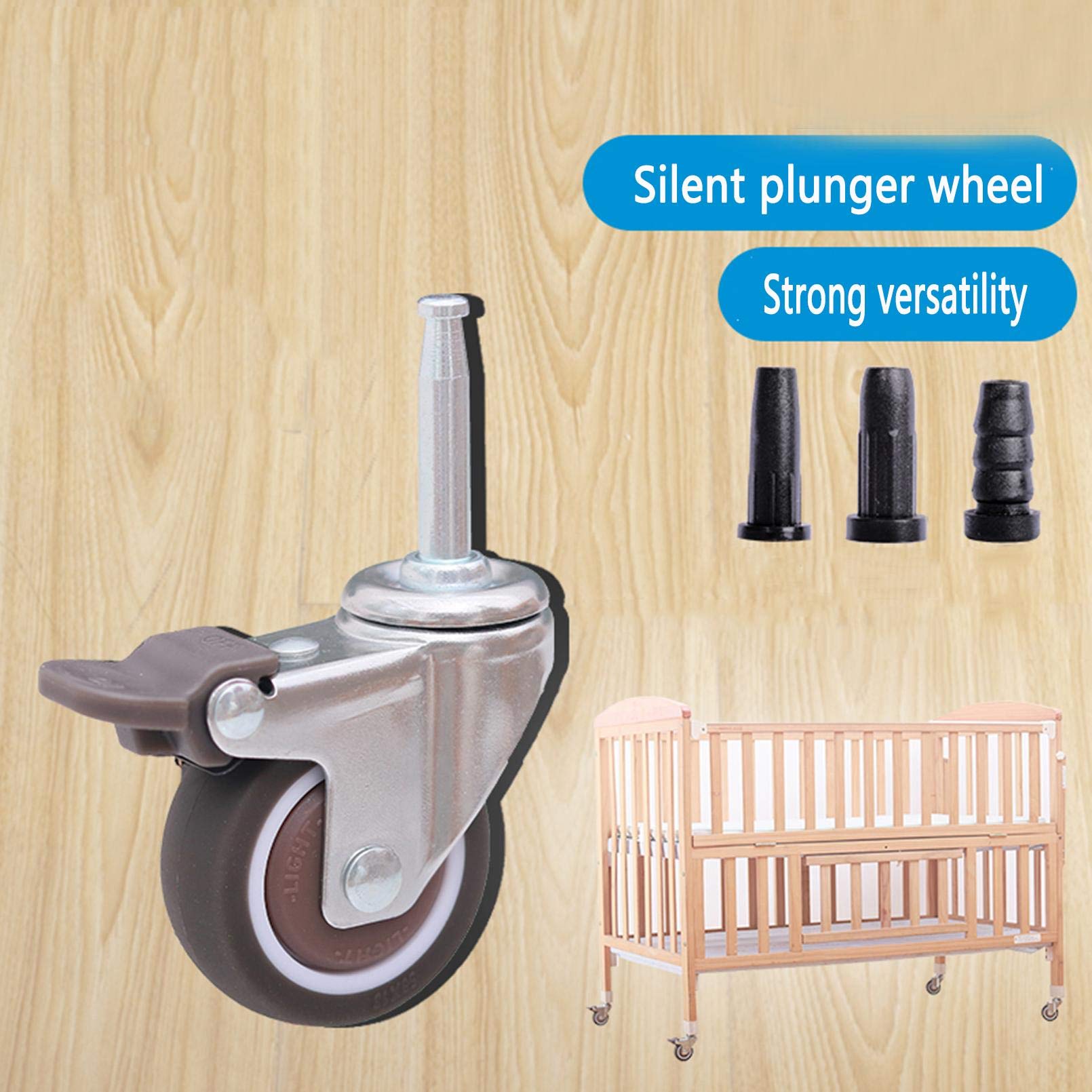 4X roulettes pour Lit d'enfant,roulettes Pivotantes en Caoutchouc avec Frein,Roue de Meuble 1,5/2 Po,Accessoires de Berceau Bébé,avec Tige à Insérer M7/M7.4/M8,Charge 80kg(M750mm)