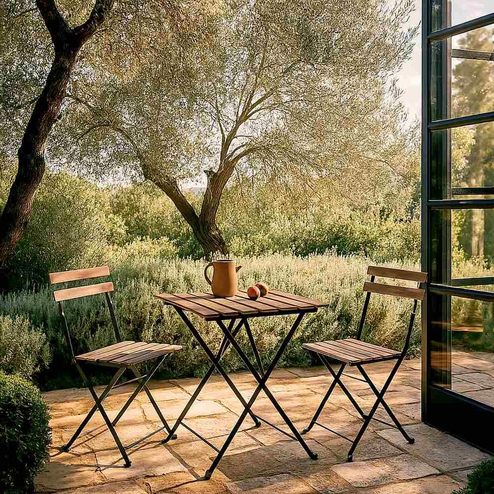 Brigros Estosa - Set Bistrot da Giardino con Tavolo e Sedie Pieghevoli in Ferro e Doghe in Legno di Acacia Comodo e Elegante per Arredo Esterno, Terrazza e Balcone (Nero, Small)