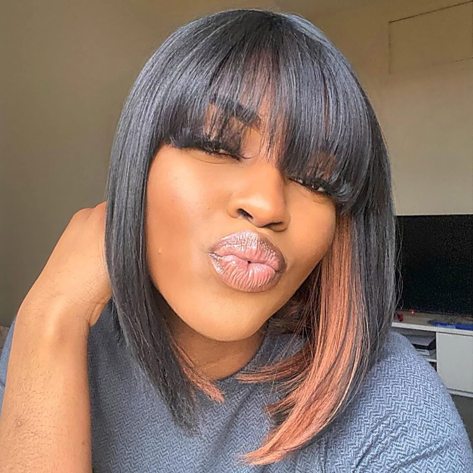 ToyoTress Peek-a-boo Color Bob Wigs With Bangs - 14 Inch Blunt Cut Black Mix Brown Light Yaki Straight Hair Daily Costume Wig For Black Women,