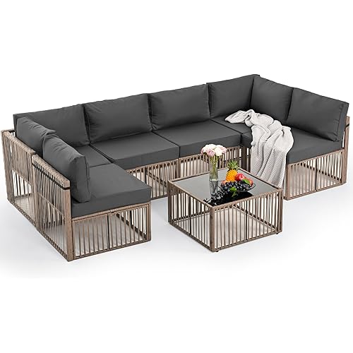 Pamapic 7 Piece Outdoor Sectional Sofa Set, All-Weather Patio Furniture with Washable Cushions, Waterproof Brown Rattan Wicker Conversation Set for Backyard, Poolside, Gray Cushion