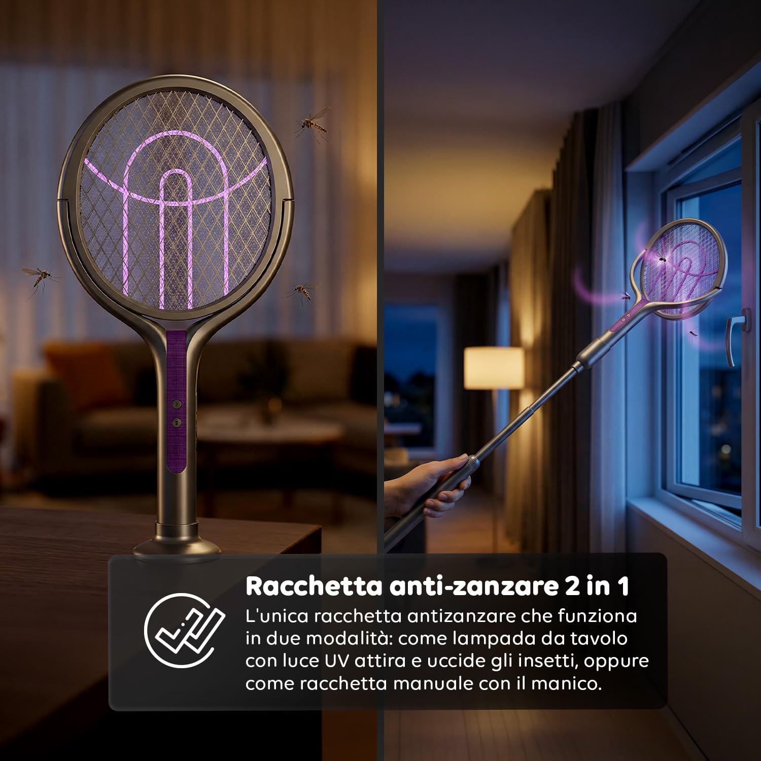 Avilia - Racchetta Zanzare Elettrica Telescopica 2 in 1 – 4000V, Griglia 5 Strati, Luce UV 365nm, USB-C | Racchetta Elettrica per Zanzare Ricaricabile 1800mAh, 79-108 cm, Griglia 90°,Da Tavolo/Manuale
