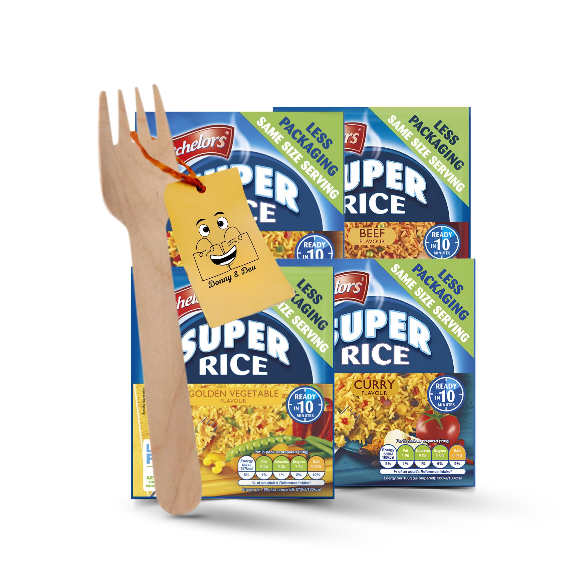 Easy to Cook Meals: Batchelors Savoury Rice Instant Rice : Beef, Golden Vegetables, Chicken Flavour, Batchelors Curry Rice (90 g each) & 1 x Wooden Fork by Donny & Dev