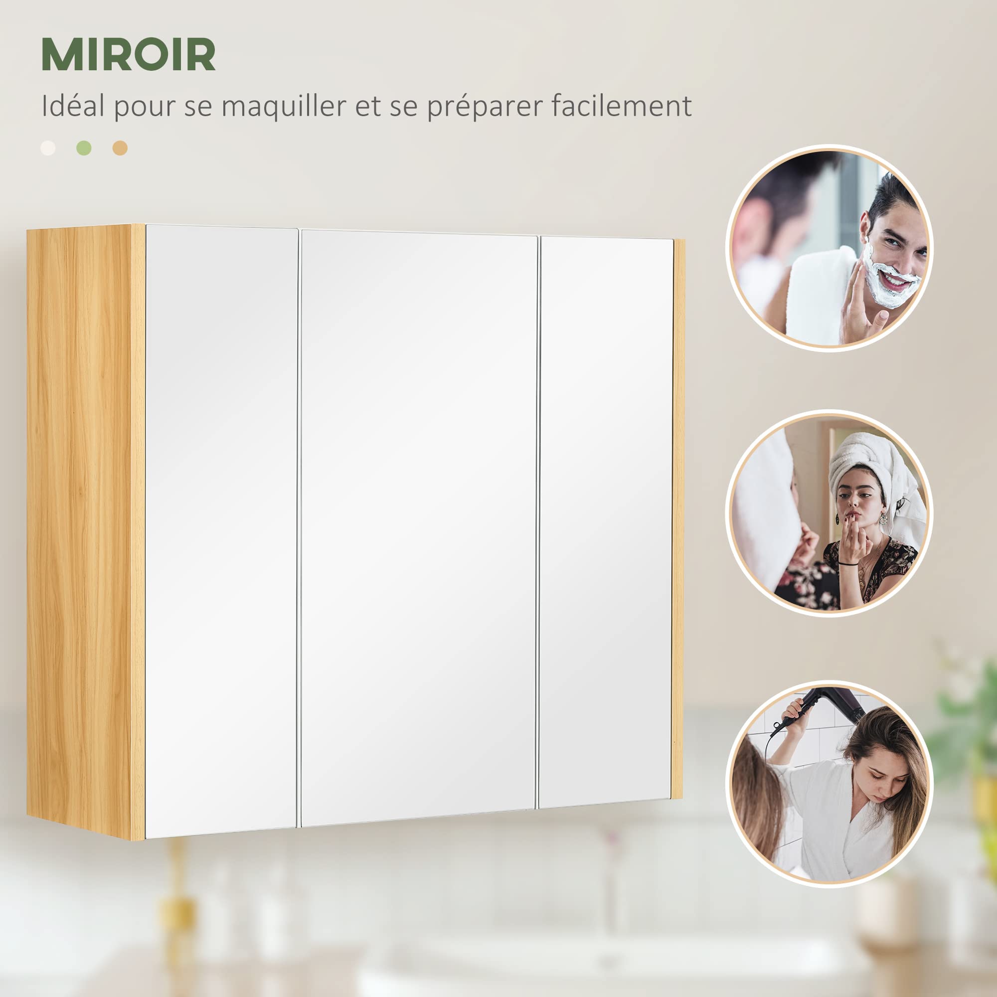 kleankin Armoire Miroir Salle de Bain Armoire de Toilette Miroir 3 Portes 4 étagères réglables 68 x 22 x 60 cm Aspect chêne Clair - Blanc