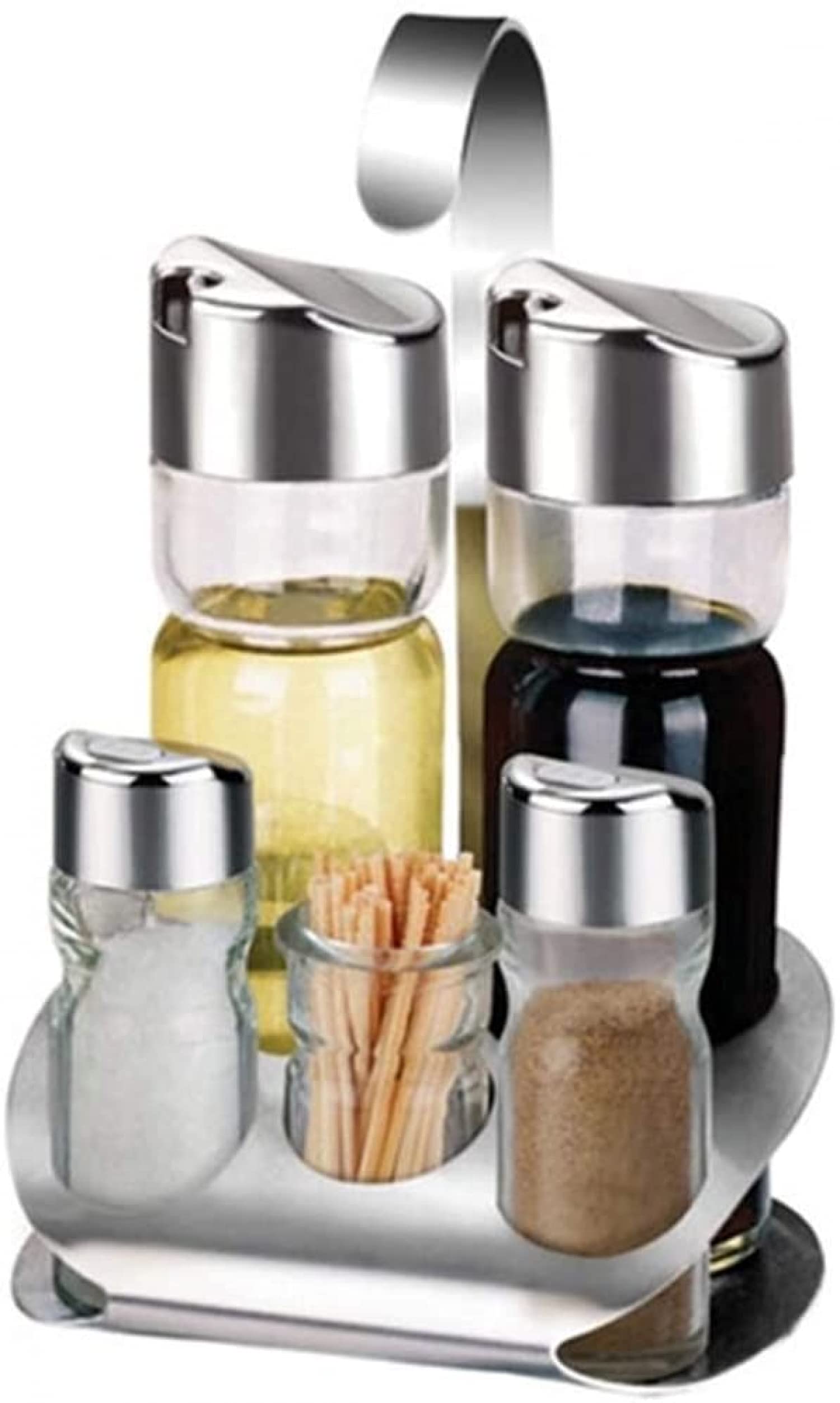 5 Piece Cruet Sets for Salt Pepper Oil and Vinegar with Stand, Cruet Sets, Acrylic Spice Jars with Lids with Rack