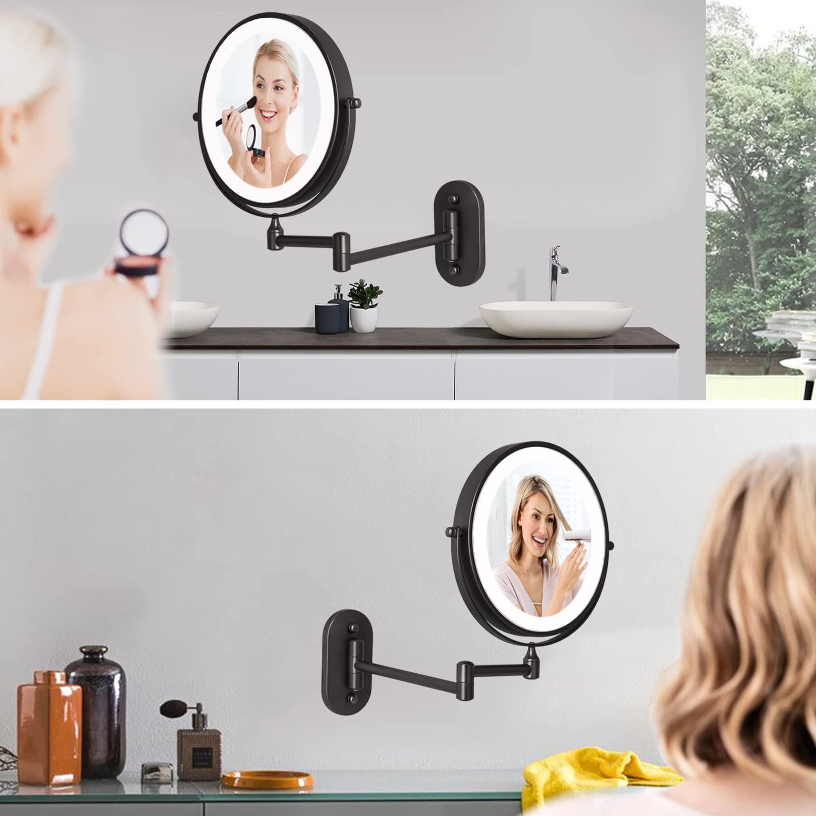 SWHC Miroir Grossissant Lumineux 8 Pouces – Double Face, 360° Pivotant, Étanche, LED Rechargeable USB Or Brossé