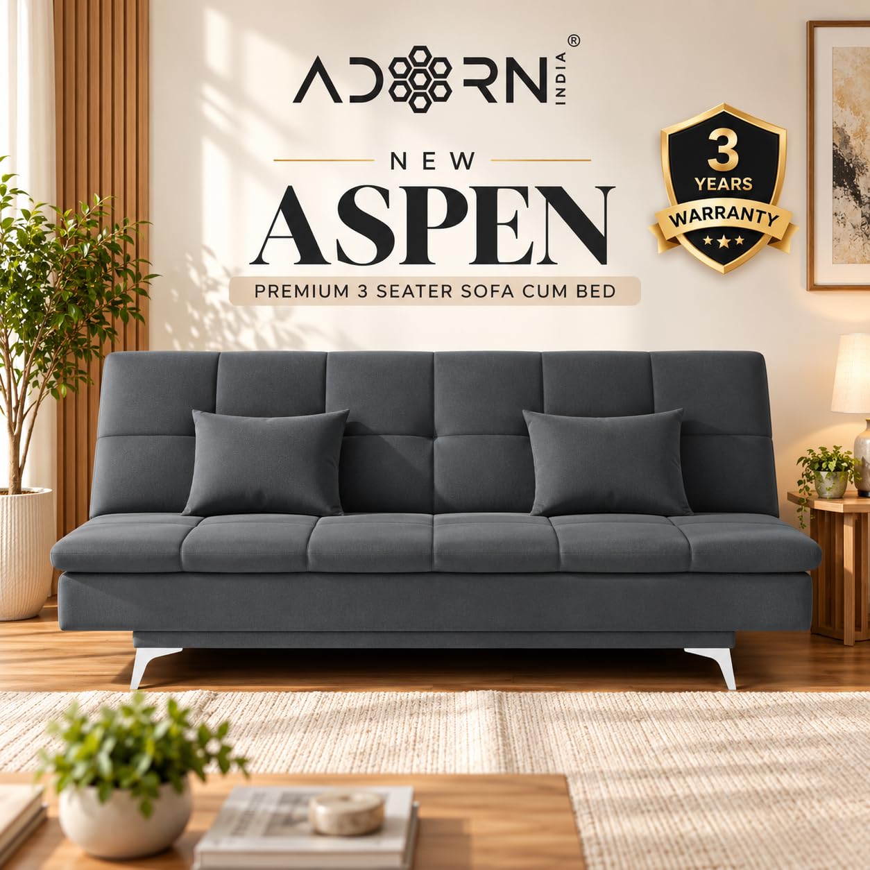 Adorn India Premium New Aspen 3 Seater Sofa Cum Bed 4×6 | Velvet Suede Fabric | Convertible Sofa Bed for Living Room | 2 Cushions | Color Dark Grey | 3 Years Warranty