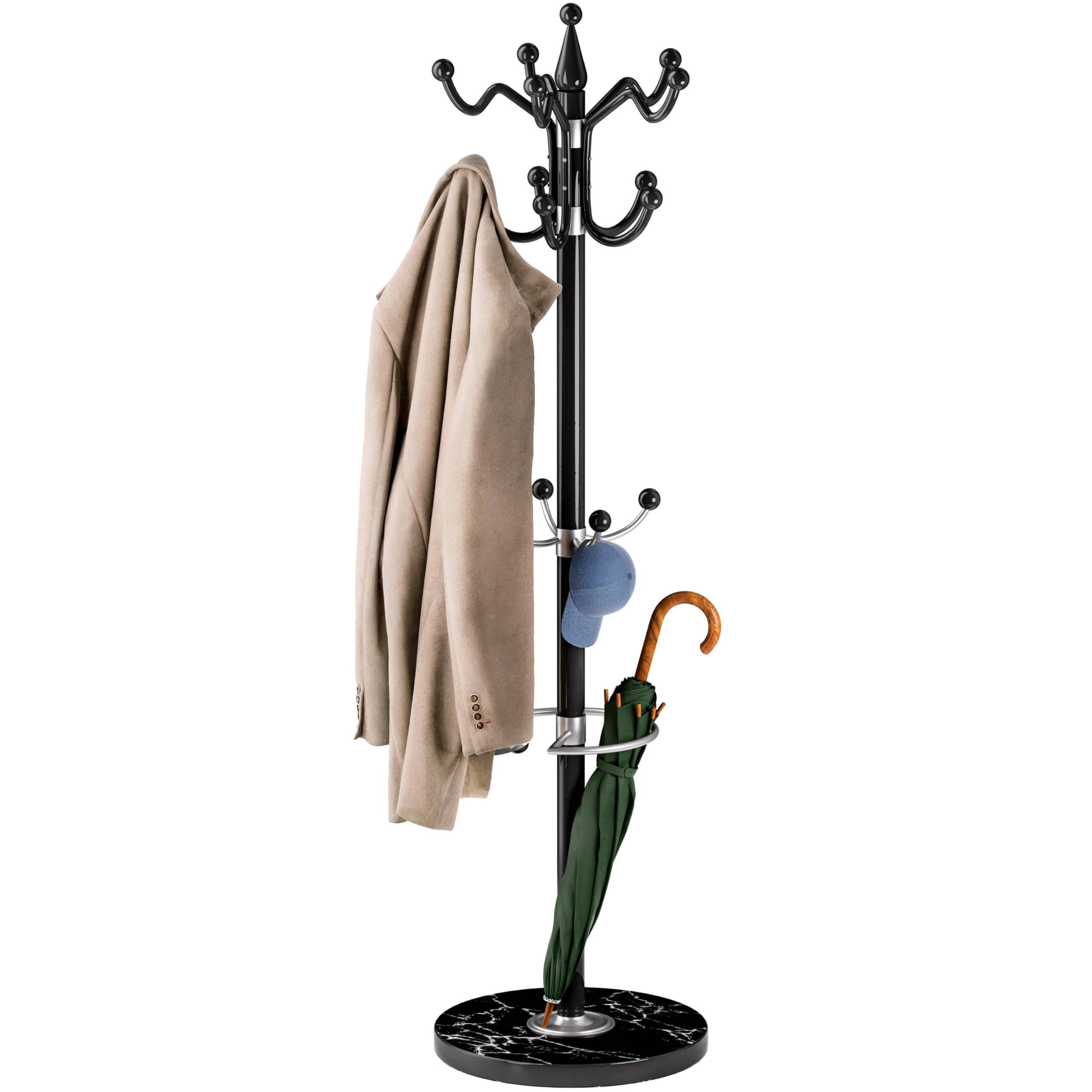 CASARIA® Perchero de Pie, Forma de Árbol, 14 Ganchos, Base Mármol, para Pasillo Recibidor Entrada, Colgador Chaquetas Sombreros Ropa Resistente Bolsos 175x37cm