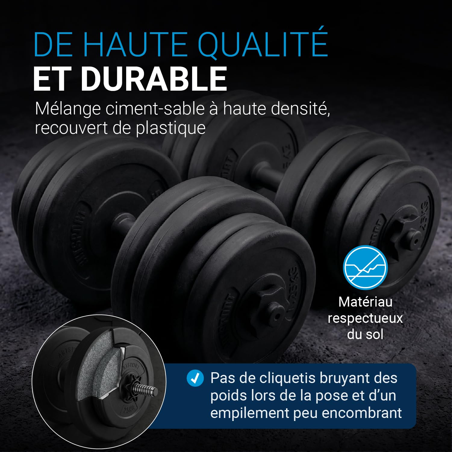 ArtSport ensemble d'haltères 20/30 / 40 kg - ensemble d'haltères courts avec 2 haltères courts, poids et 4 fermetures en étoile