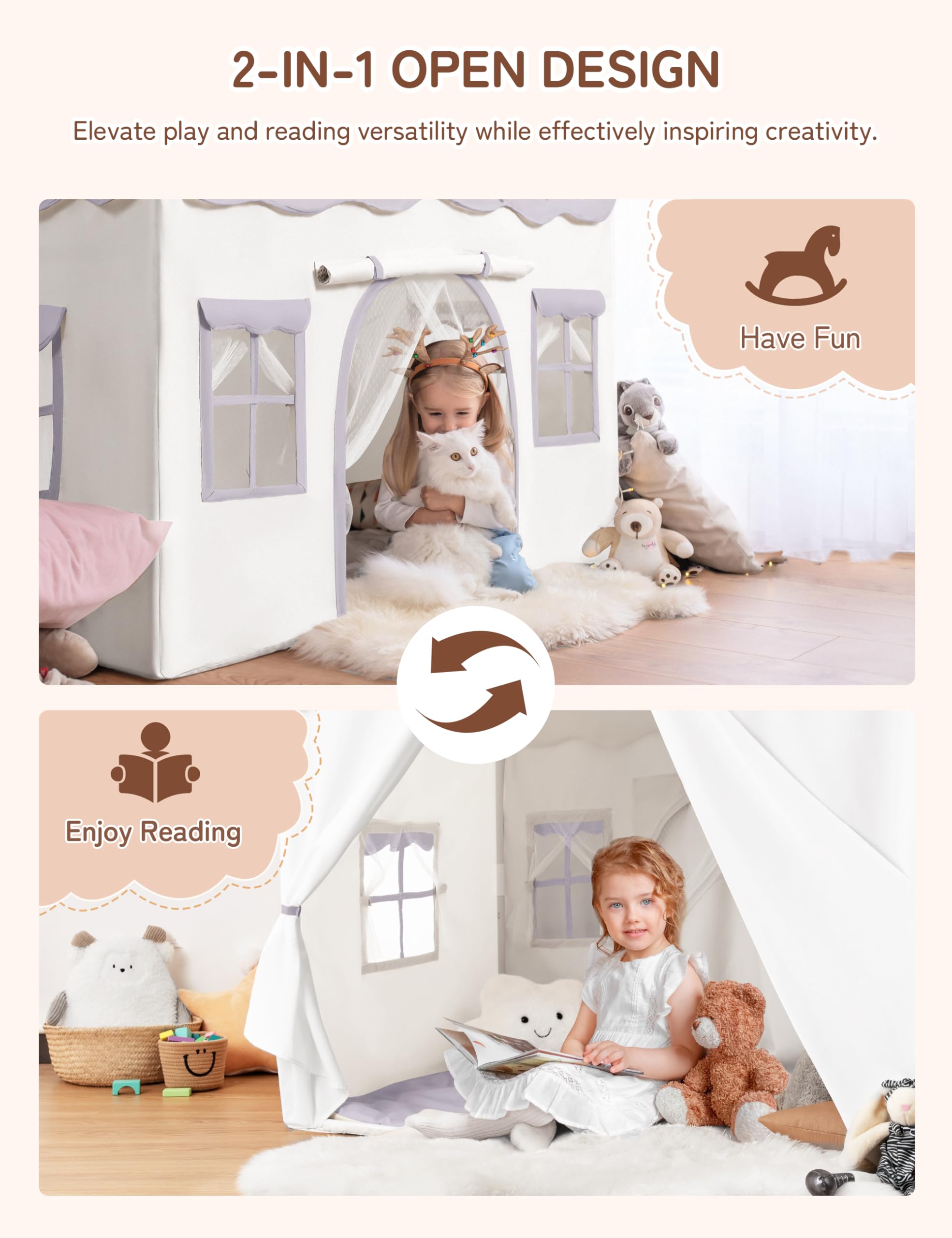 besrey 2 IN 1 Kinderzelt, Kinder Spielhaus Indoor mit Matte und Lichtern, Kinder Bettzelt,Spielzelt für Drinnen,Prinzessin Zelt, Kinderspielhaus, Kuschelecke Kinderzimmer Dekor ab 3 Jahre Lila