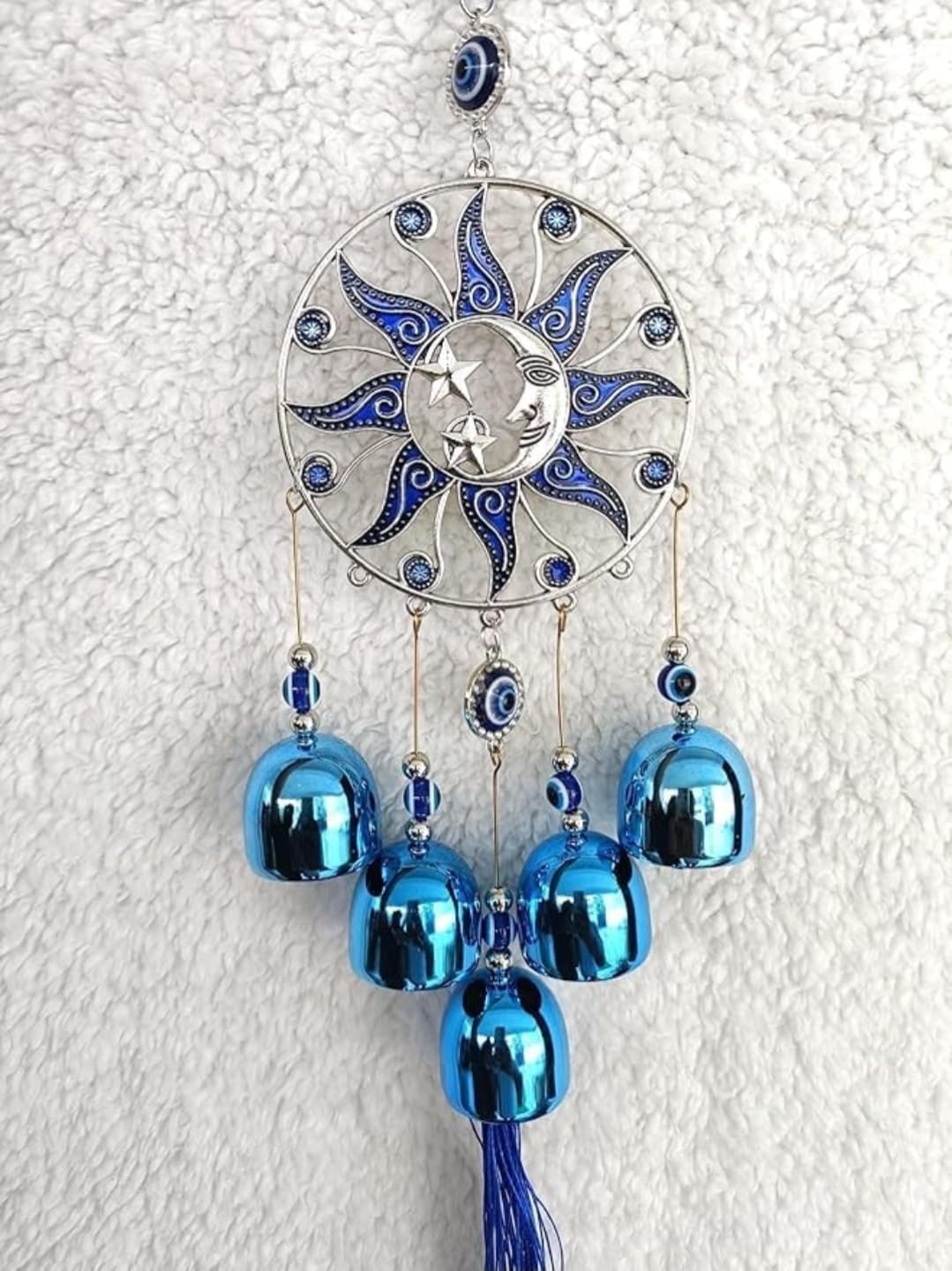 Sun Moon Star Wind Chime with Evil Eye Beads, Blue, Metal, 40.64 x 8.89 cm, Hanging Wall Decor-image-31