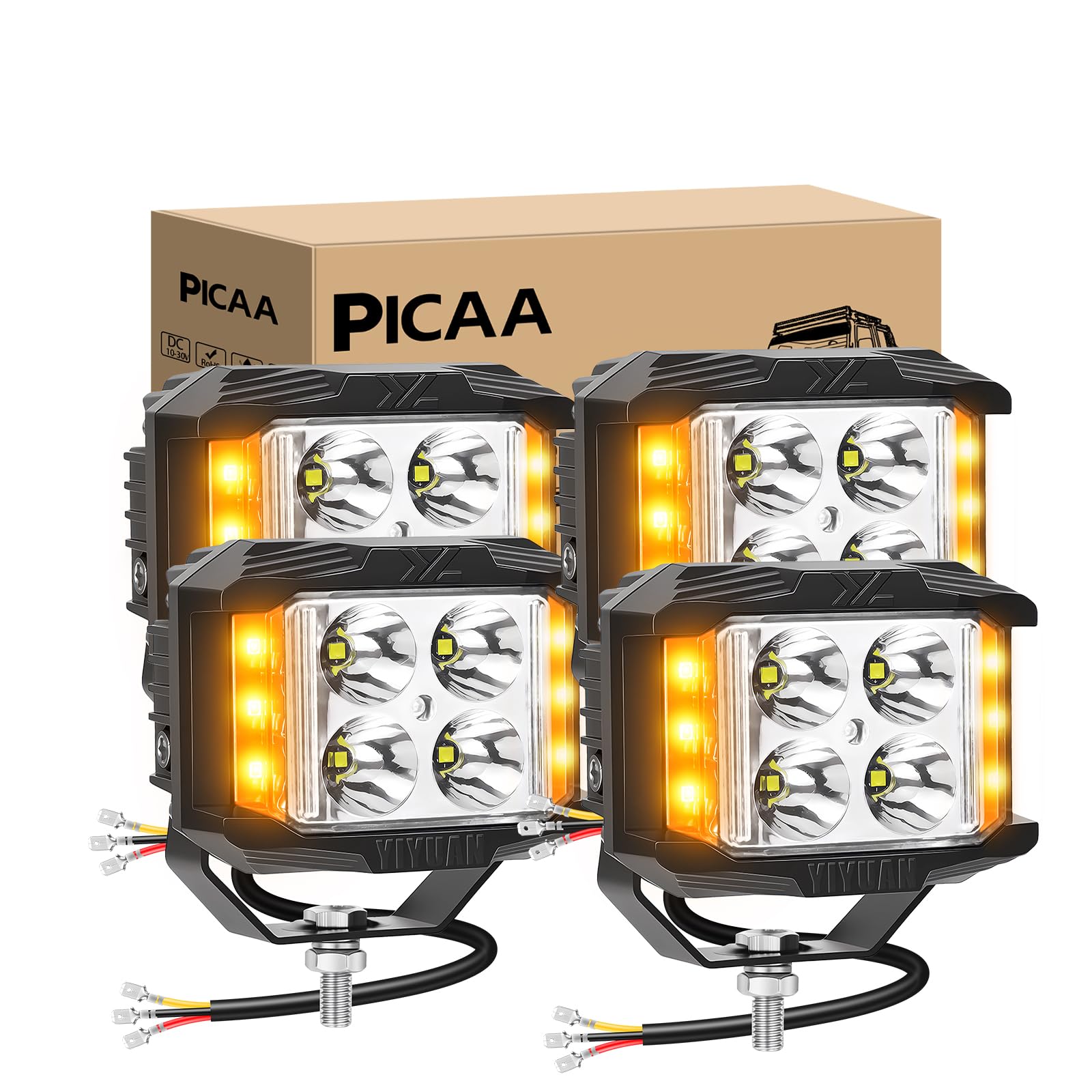 PICAA 4 Pz Strobe Faro da lavoro a LED, 3 Sides Shooter 4 pollici 35W Luce da lavoro, 12V 24V Luci di Guida Lampada per Auto Off road Boat Truck 4x4 SUV ATV Trattori, 3000K 6000K bianco ambra