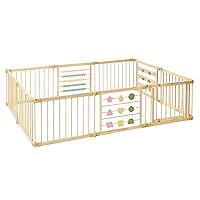 Vista 1 de ZETY Natural Wood Baby Playpen – 8 or 10 Panel Foldable Play Yard with Door Panel and Built-in Toys, CPC Certified & SGS Tested