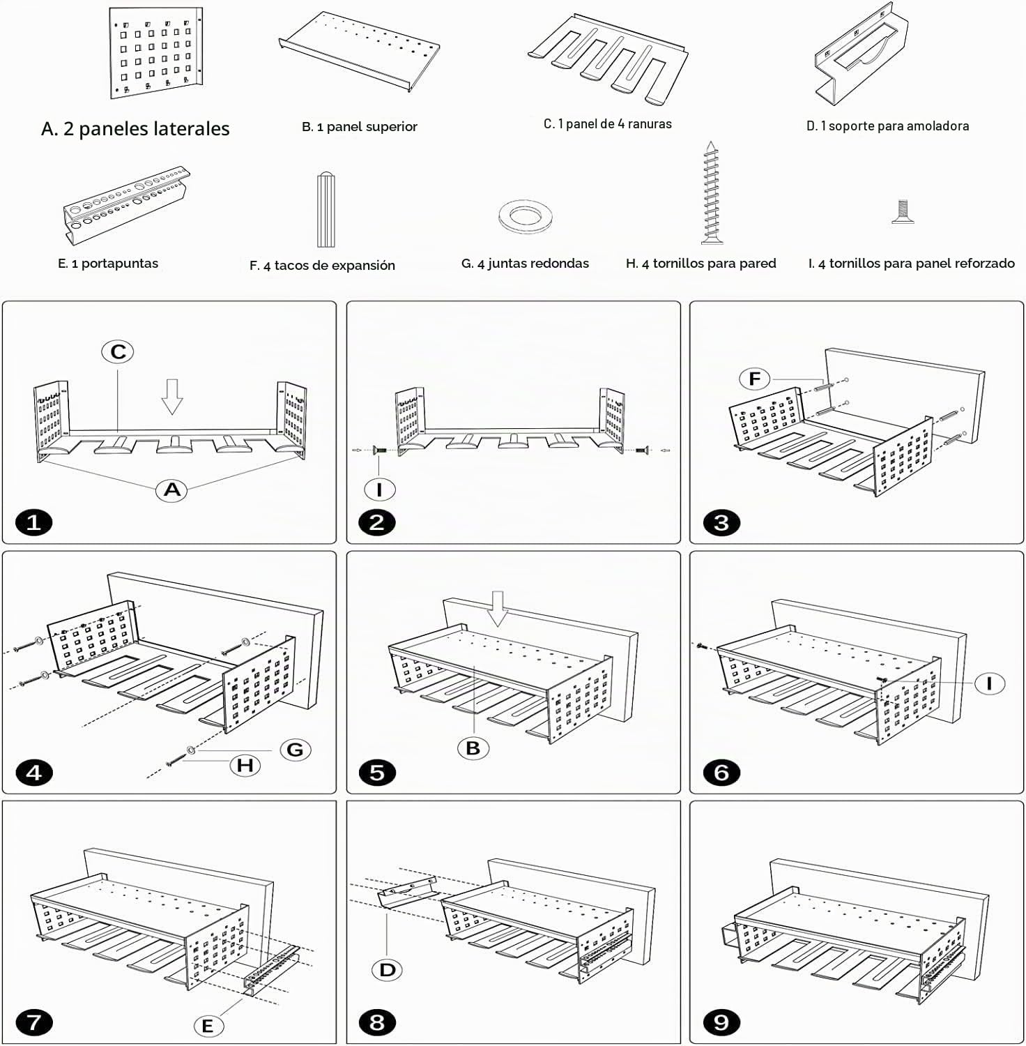 Maletín para herramientas, 4 ranuras para 1 gran estantería, soporte de almacenamiento de pared extraíble para taladro eléctrico de acero resistente para sierra circular, taller, garaje, herrajes