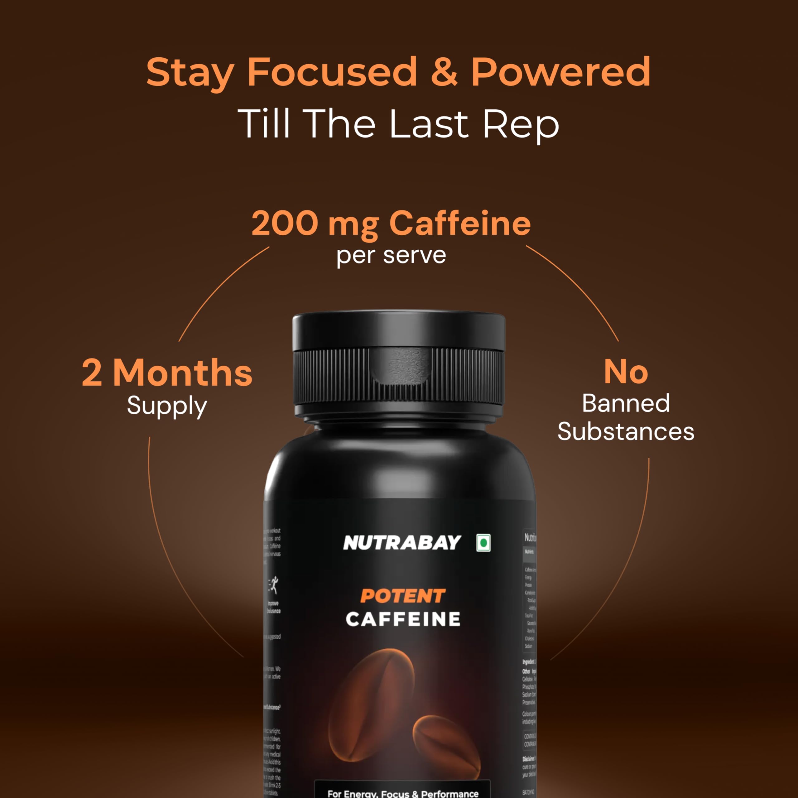 Nutrabay Pro Potent Caffeine Tablets 200mg | Natural Stimulant for Energy, Endurance & Focus, 60 Veg Tablets 1
