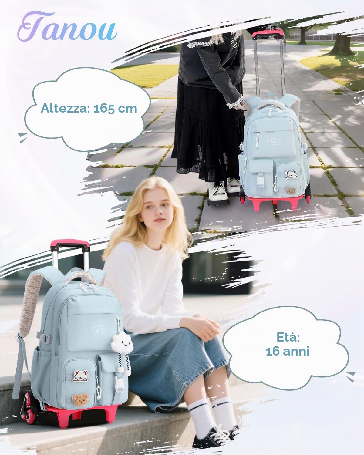 Tanou Zaino Trolley Scuola Elementare e Media | Zaini con Ruote da 30L per Ragazze Adolescenti, Zaino Rotelle Bambina Staccabile da Viaggio, Blu