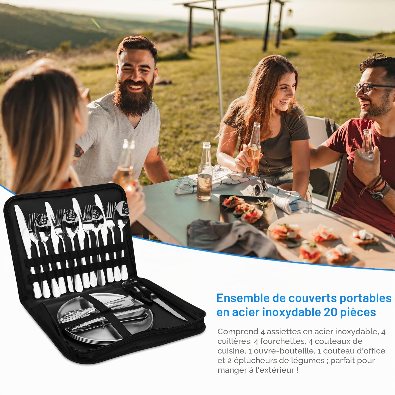 Set De Couverts De Camping 4 Personnes Vaisselle INOX Camping 20 Pièces Vaisselle D'extérieur Camping Ensemble De Vaisselle pour La Randonnée, l'escalade,Barbecues, Le Plein Air